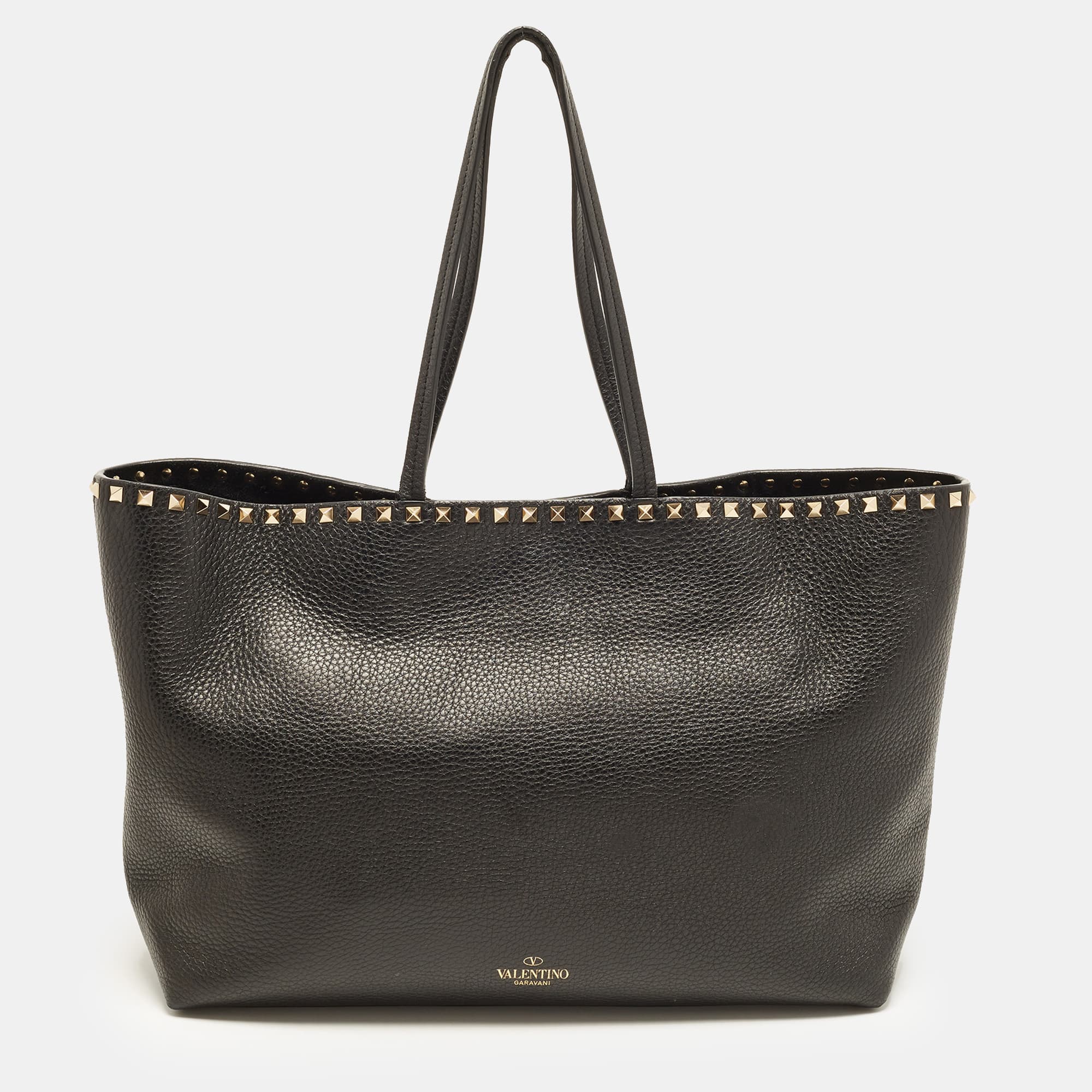 Valentino Rockstud Black Leather Shopper Tote