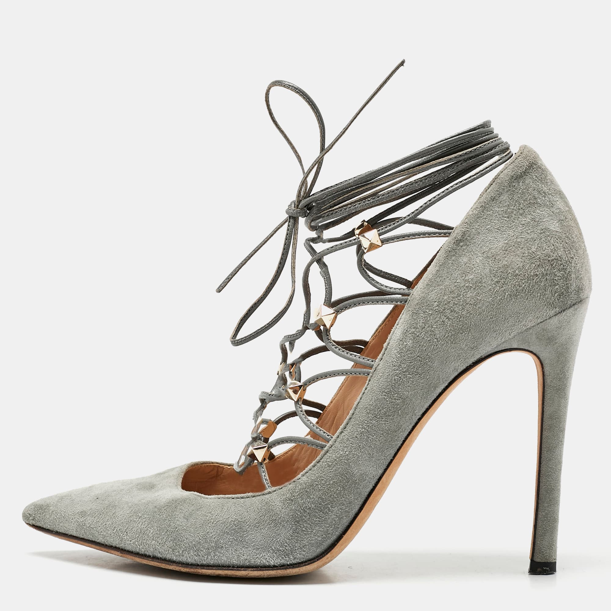 Valentino Grey Suede Rockstud Ankle Wrap Pointed Toe Pumps Size 38