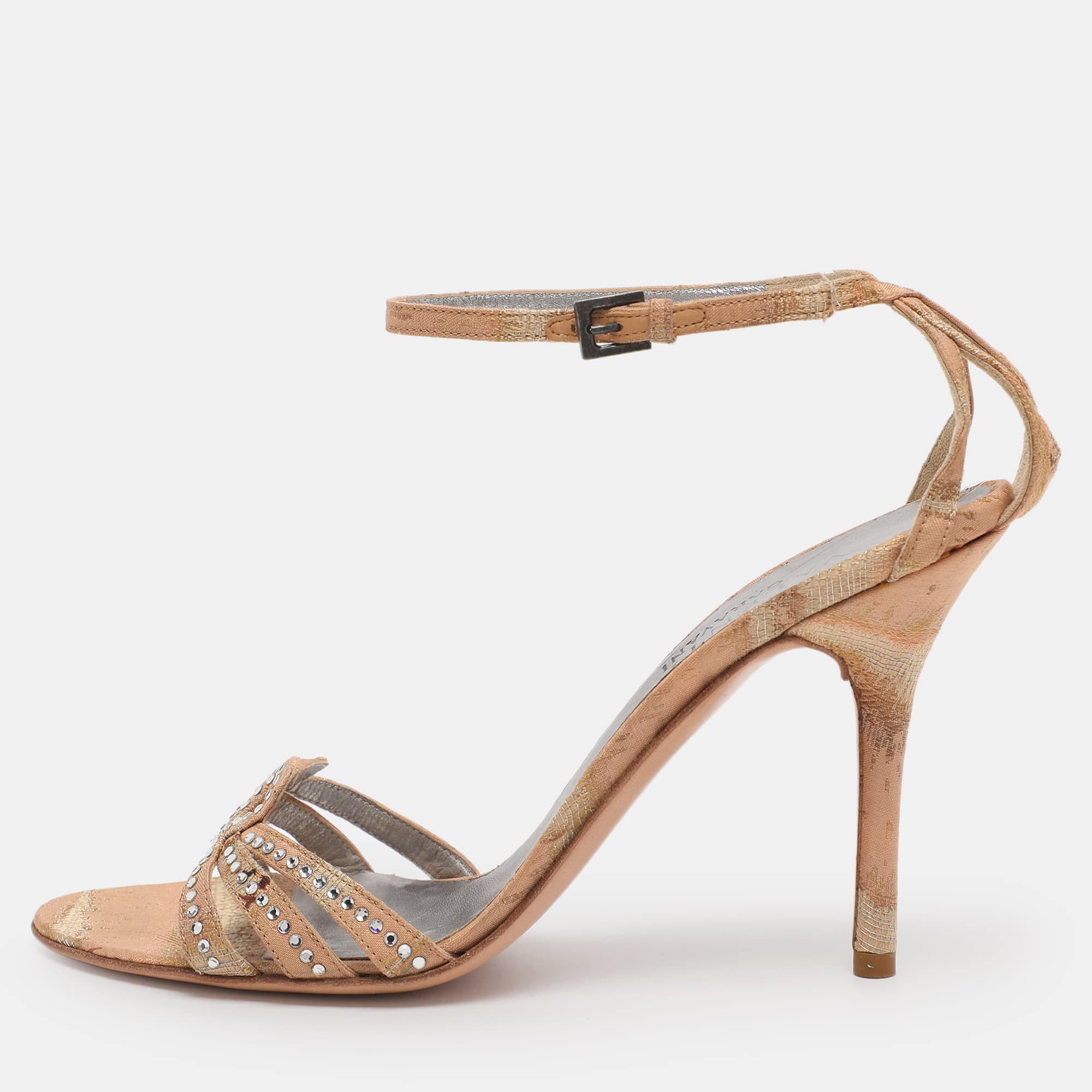 Valentino Beige Fabric Crystal Embellished Ankle Strap Sandals Size 38