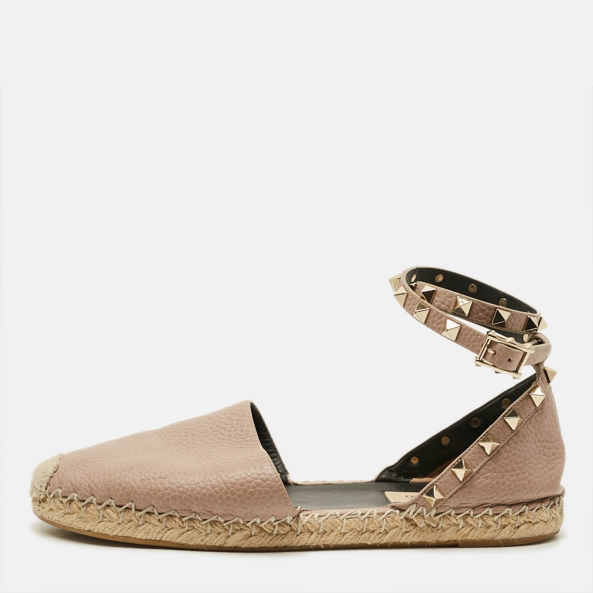 Valentino Rockstud Size 38 Beige Leather Ankle Wrap Espadrille Flats