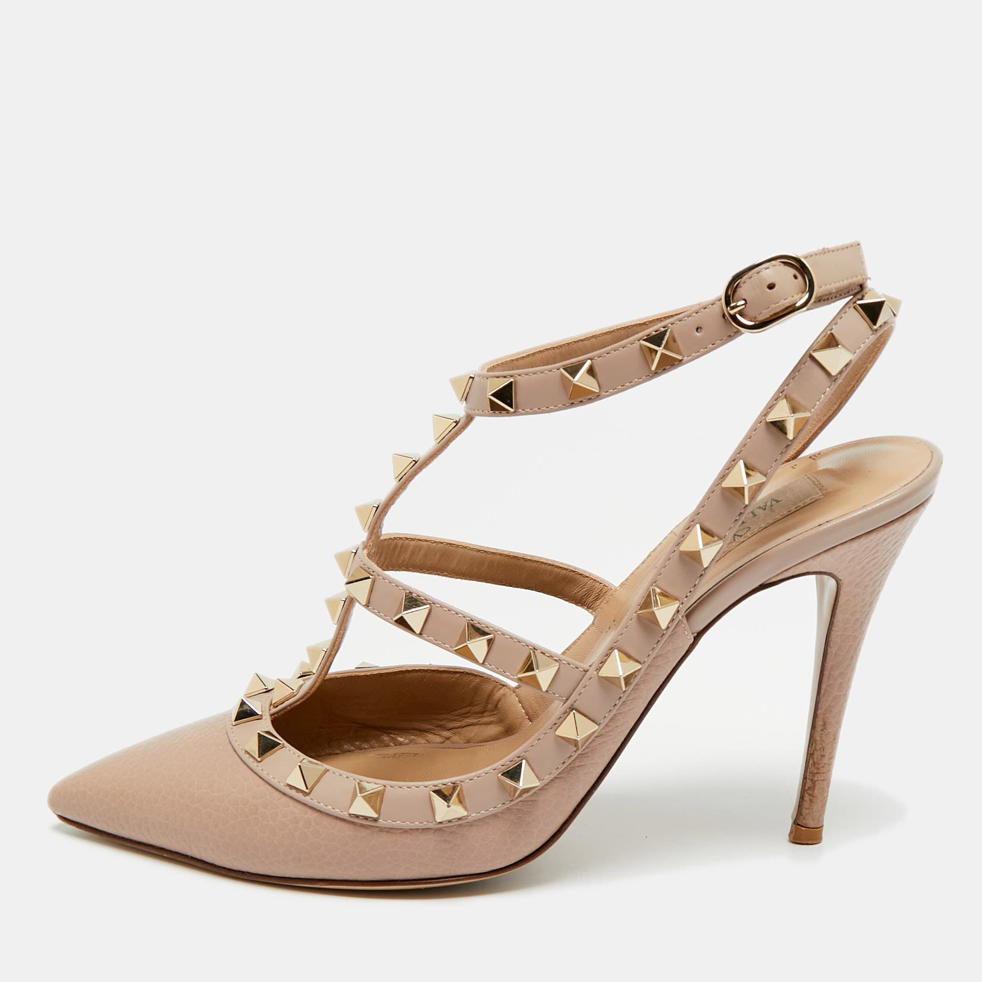 Valentino Rockstud Size 38 Beige Leather Pointed Toe Ankle Strap Pumps