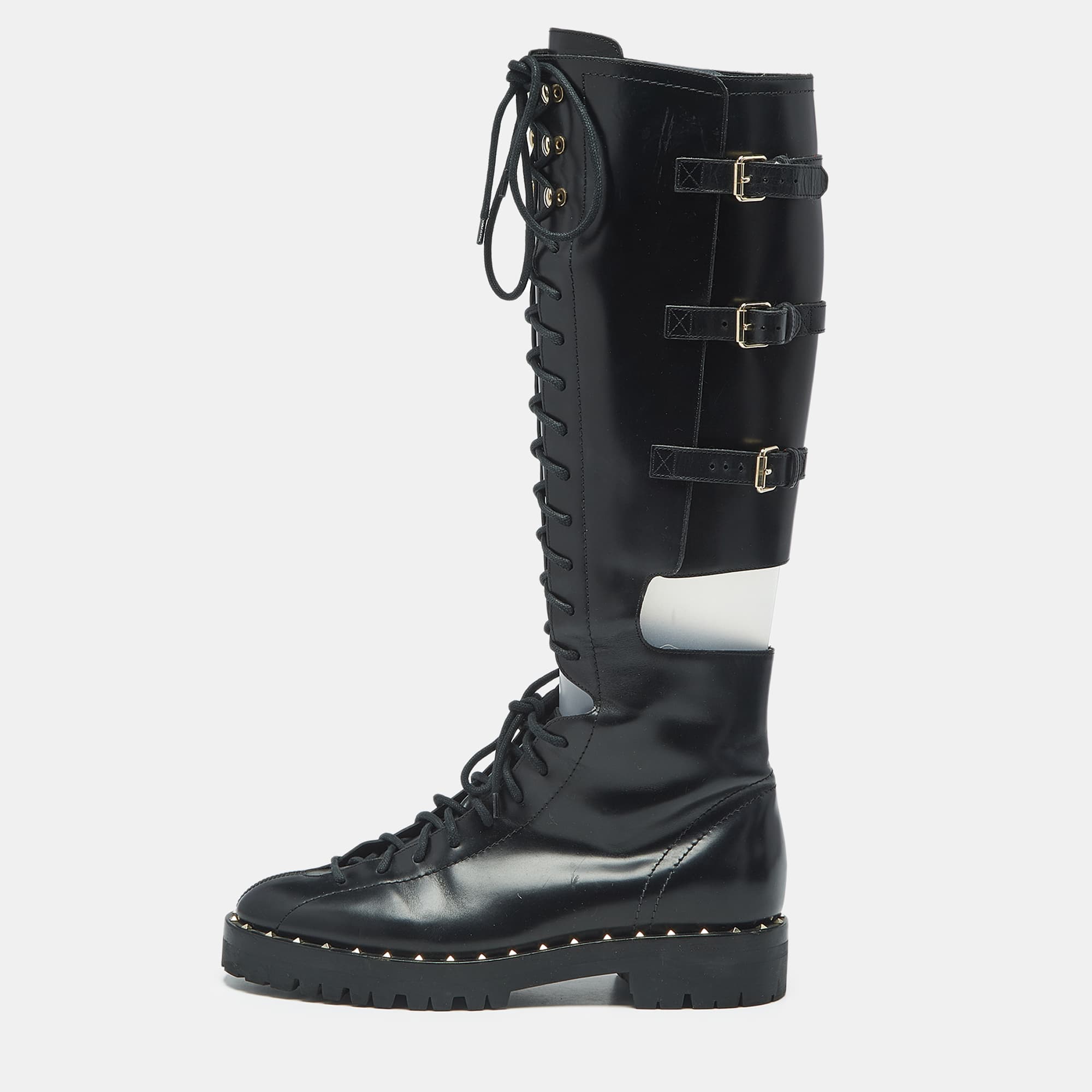 Valentino Soul Rockstud Size 38 Black Leather Knee Length Boots