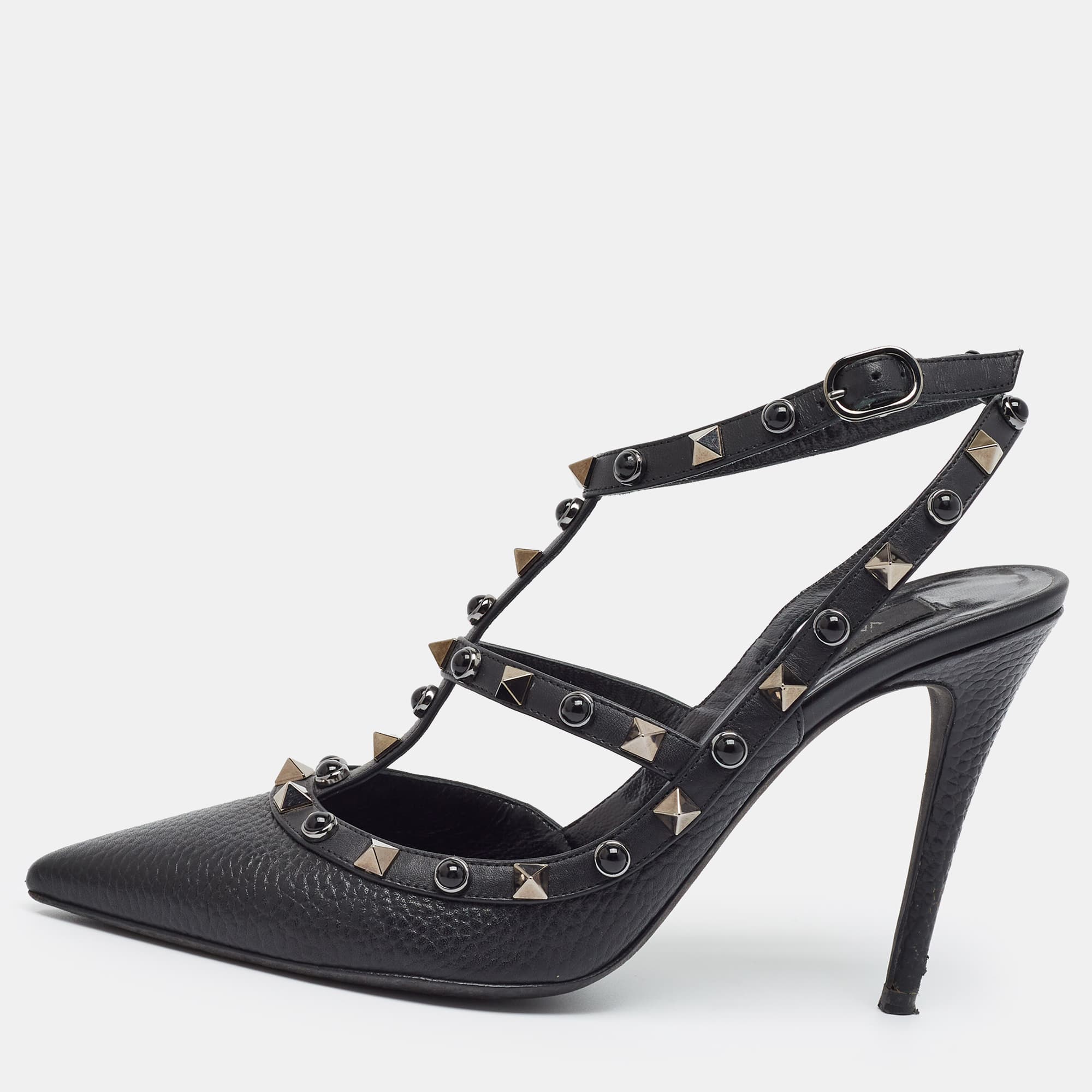 Valentino Rockstud Size 37.5 Black Leather Ankle Strap Pumps