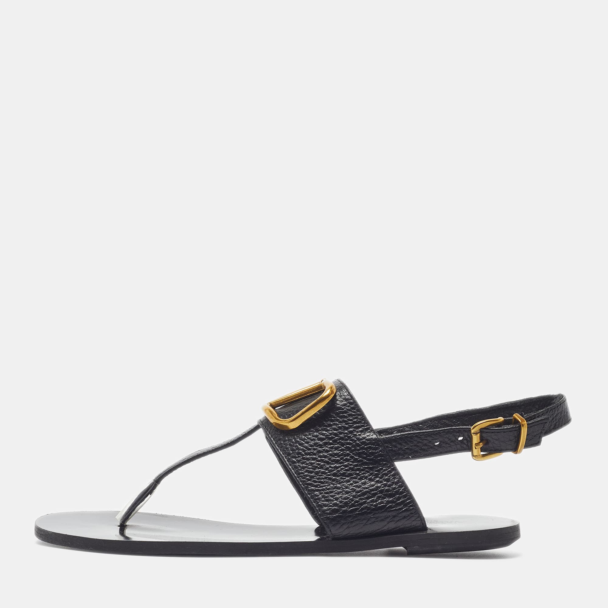 Valentino VLogo Size 37 Black Leather Thong Flat Slingback Sandals