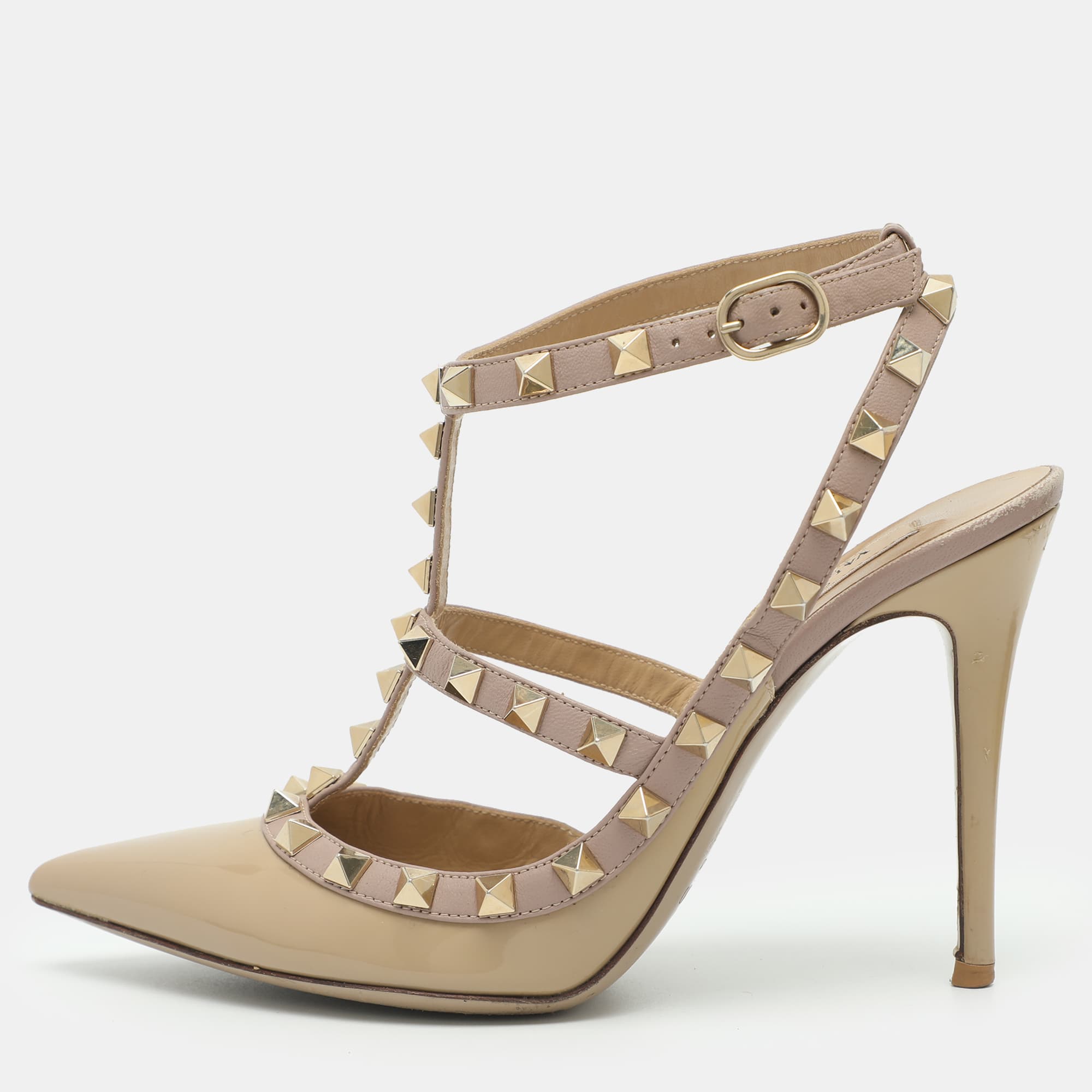 Valentino Rockstud Size 37 Beige Patent Leather Pumps