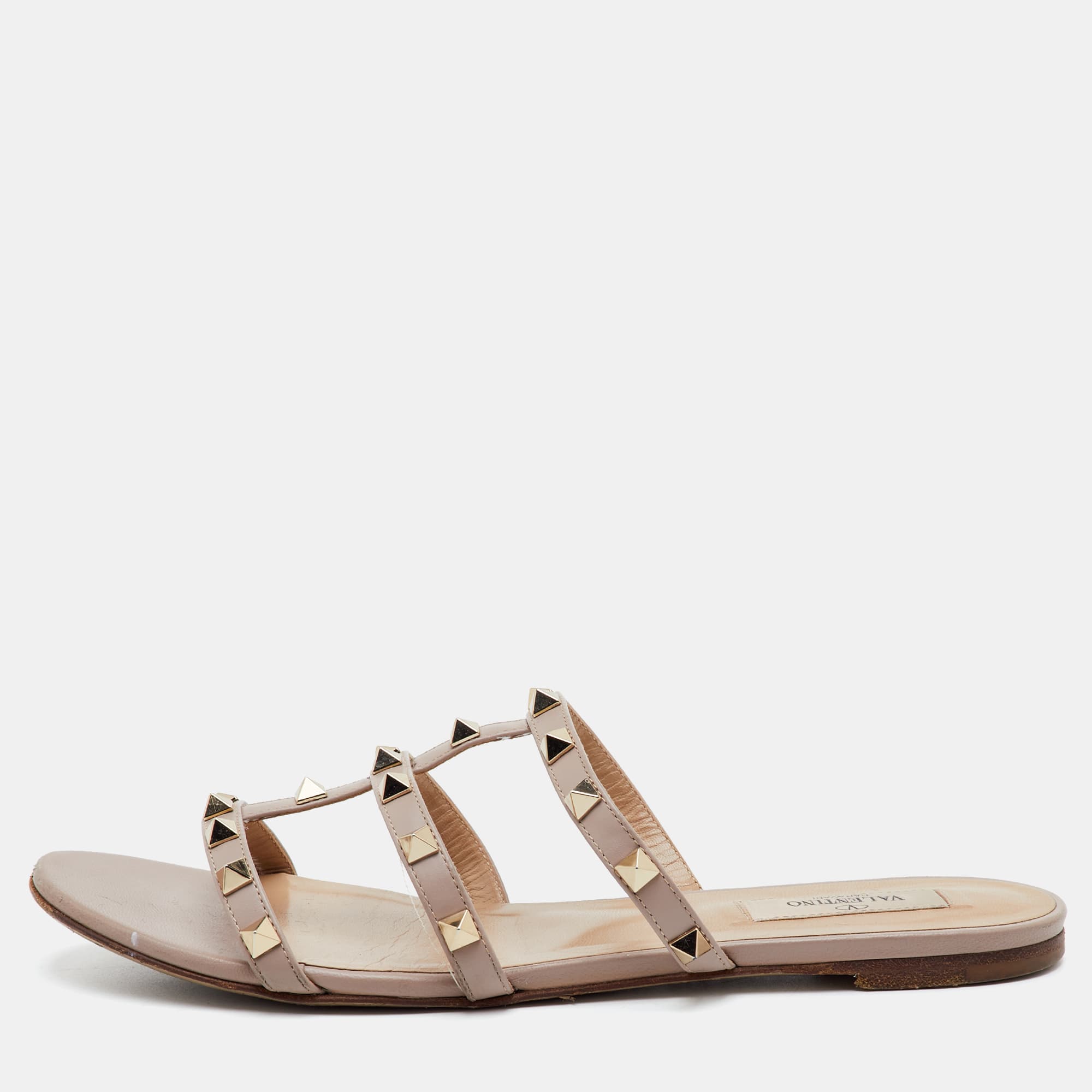 Valentino Rockstud Size 39 Beige Leather Flat Slide Sandals