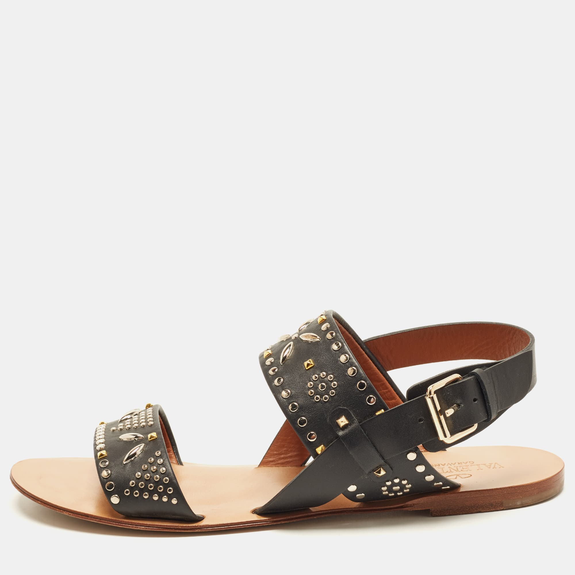 Valentino Rockstud Size 40 Black Leather Studded Slingback Flat Sandals