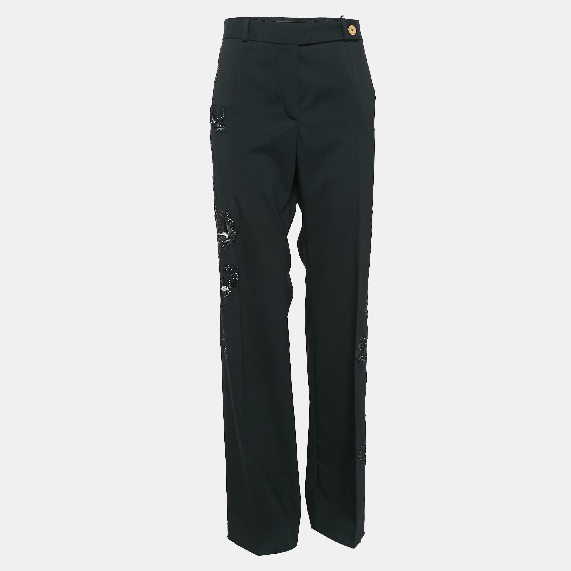 Versace Black Cut-Out Embellished Wool Trousers L