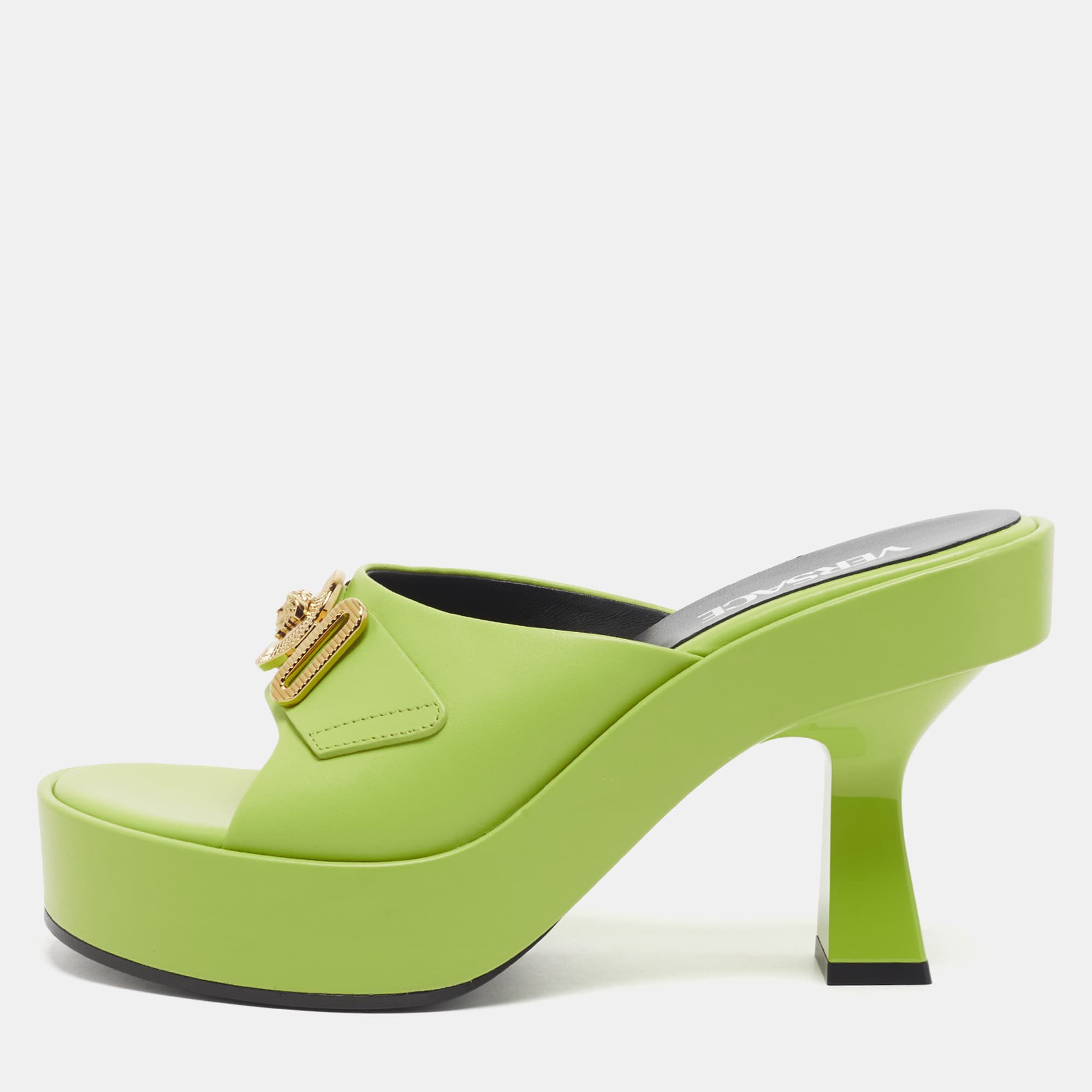 Versace Medusa Biggie Size 37.5 Lime Green Leather Platform Mules