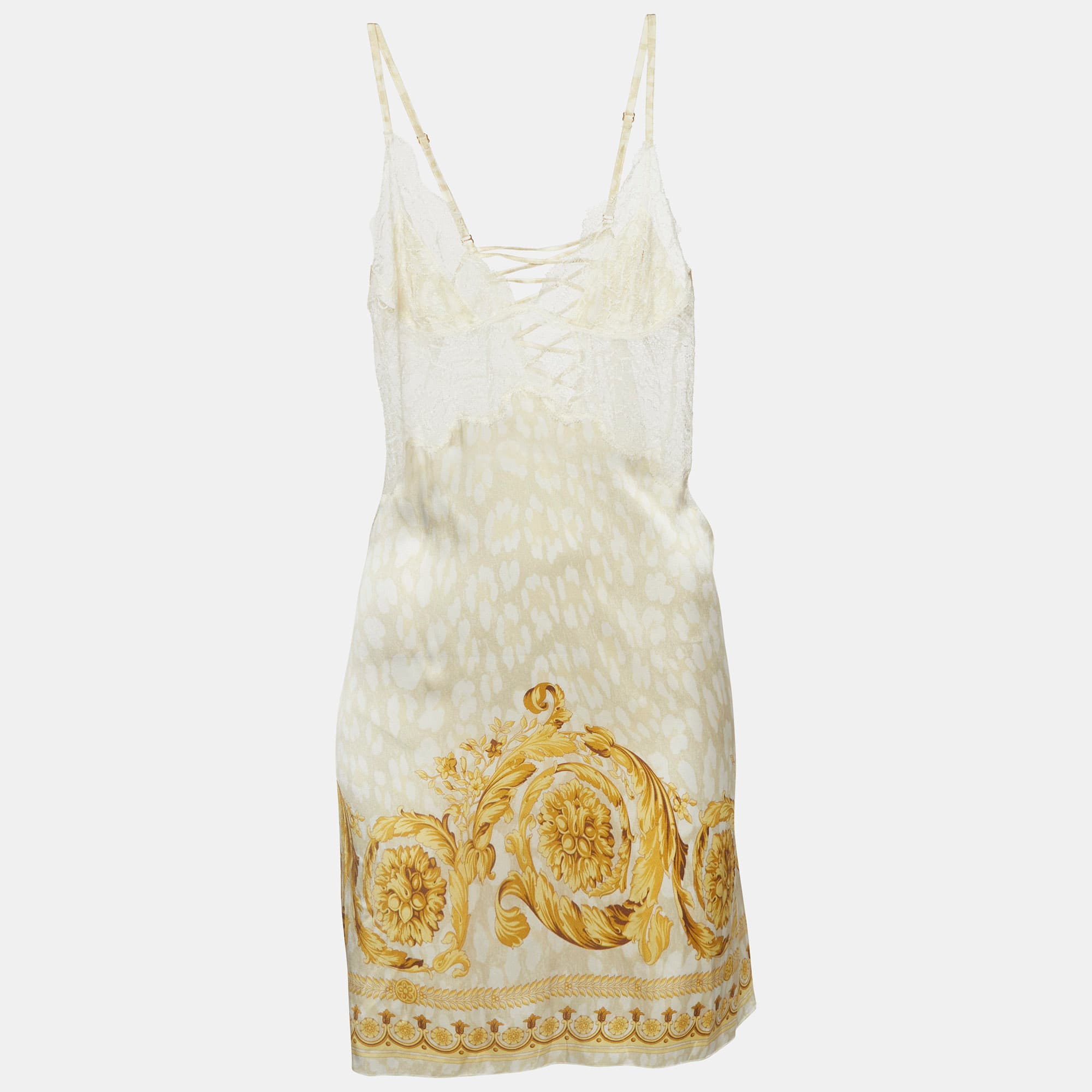 Versace White /Gold Baroque Print Silk Lace Trim Camisole S