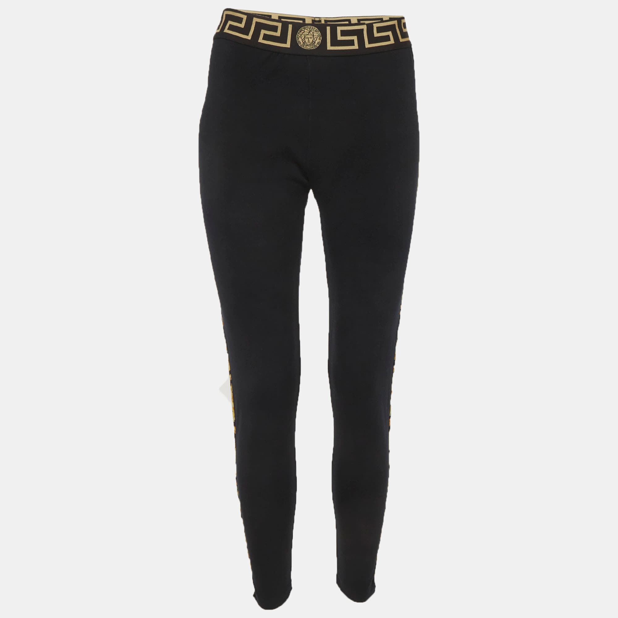 Versace Black Grecca Border Waistband Jersey Gym Leggings S