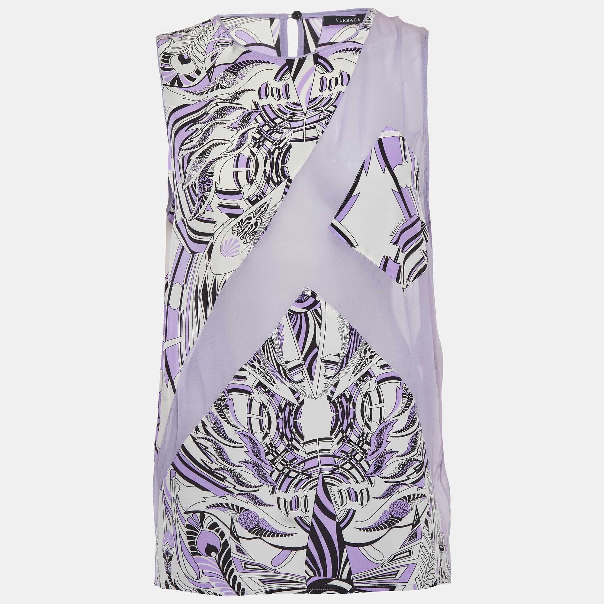 Versace Lilac Abstract Print Chiffon and Silk Sleeveless Top L