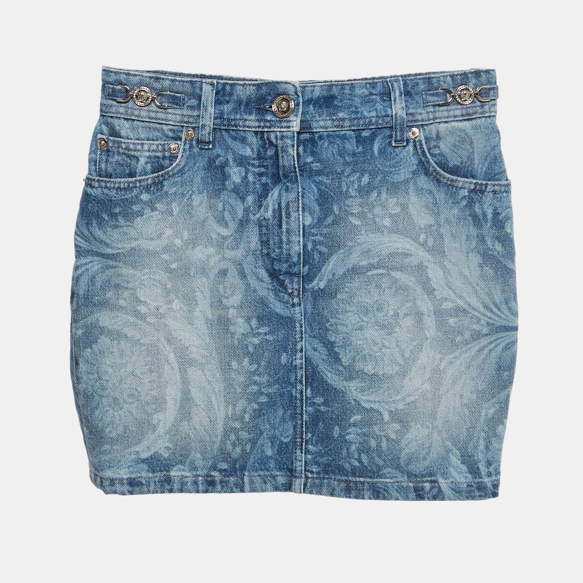 Versace Blue Baroque Print Denim Mini Skirt XS