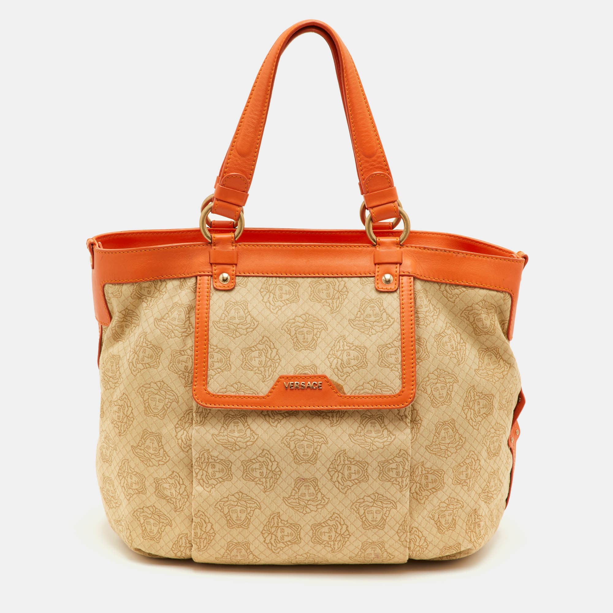 Versace Medusa Beige Canvas and Leather Tote