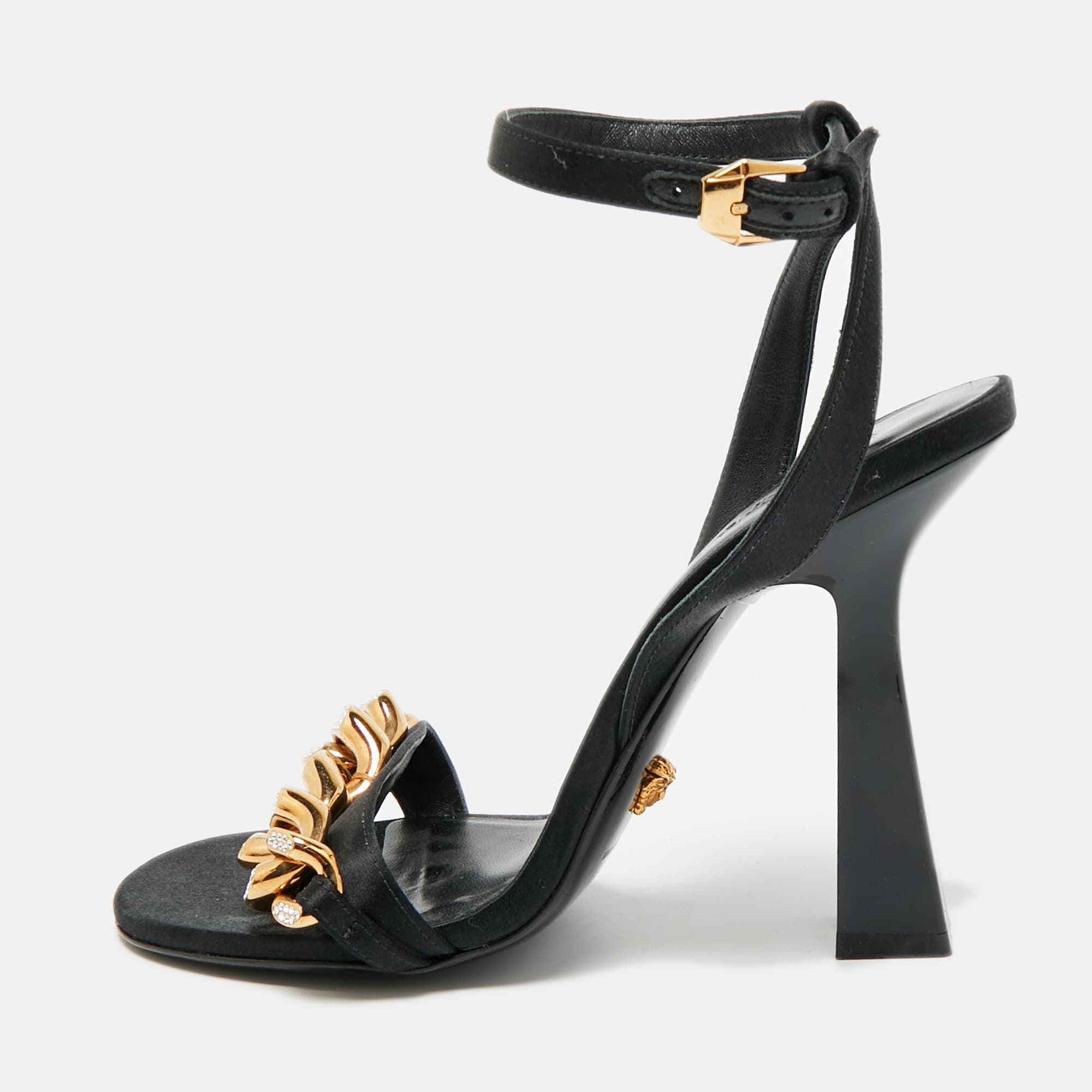 Versace Medusa Size 38 Black Satin Ankle Strap Sandals