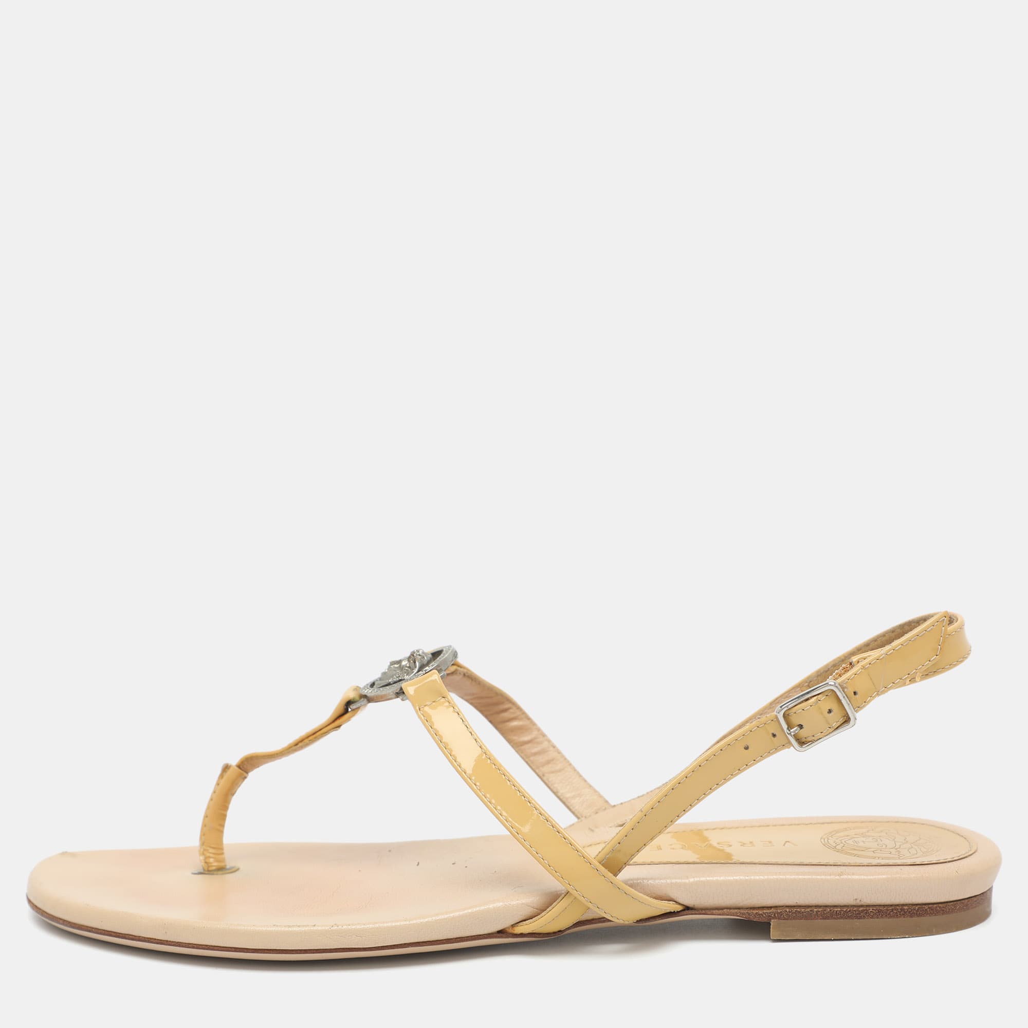 Versace Medusa Size 38 Yellow Patent Leather Flat Sandals