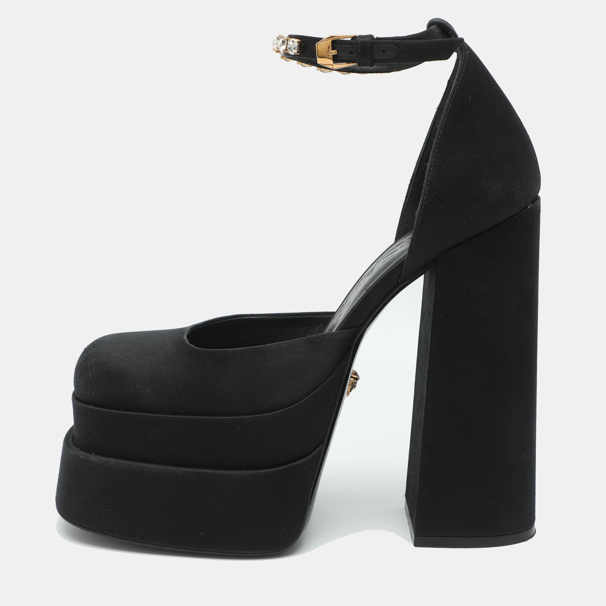 Versace Medusa Aevitas Size 38 Black Satin Double Platform Pumps