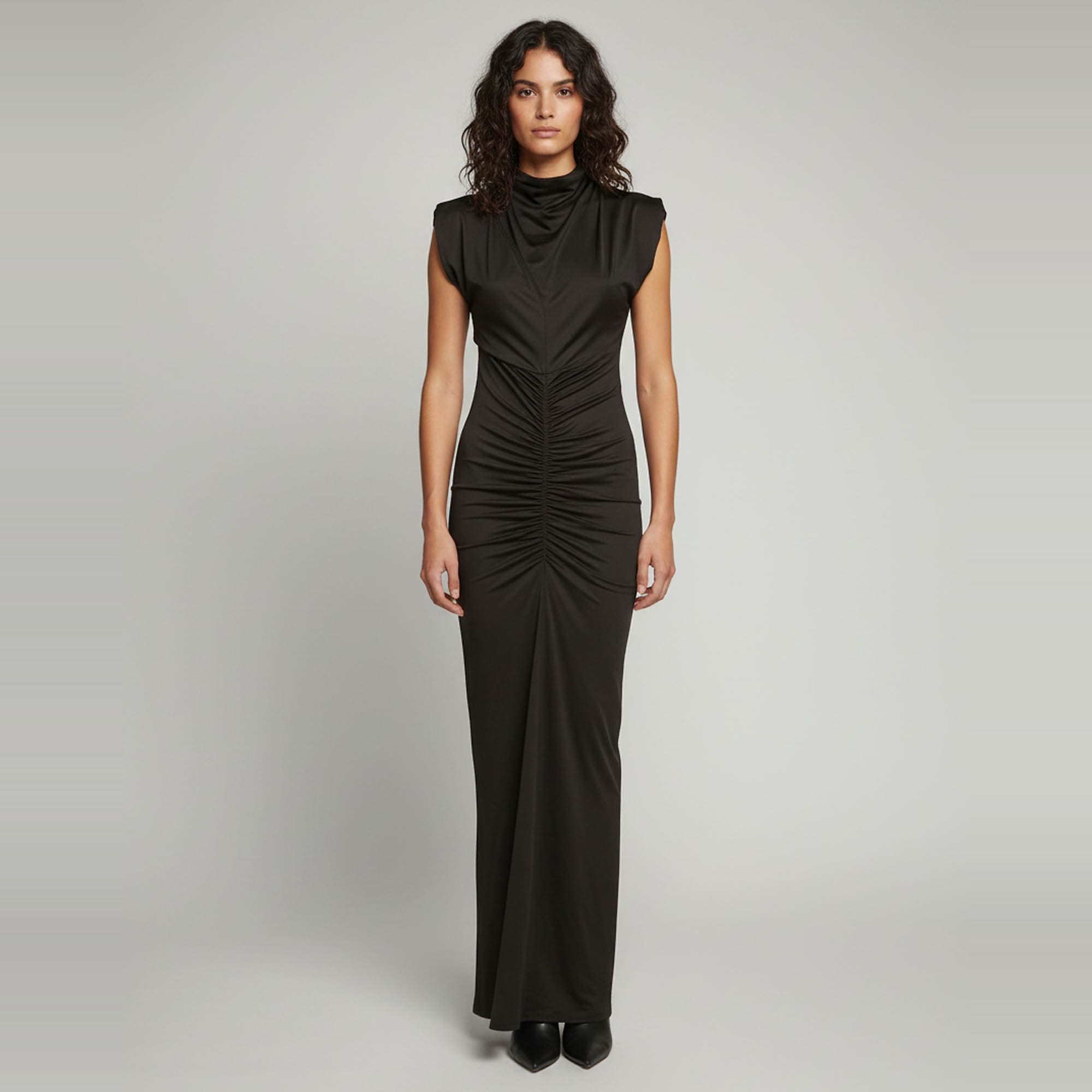 Victoria Beckham Black Jersey Ruched High-Neck Maxi Dress S