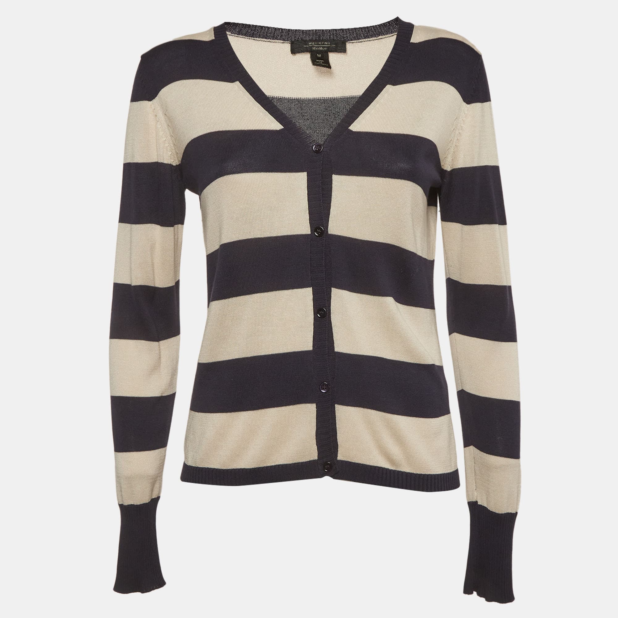 Weekend Max Mara Navy Blue/Cream Stripe Knitted V-Neck Cardigan M