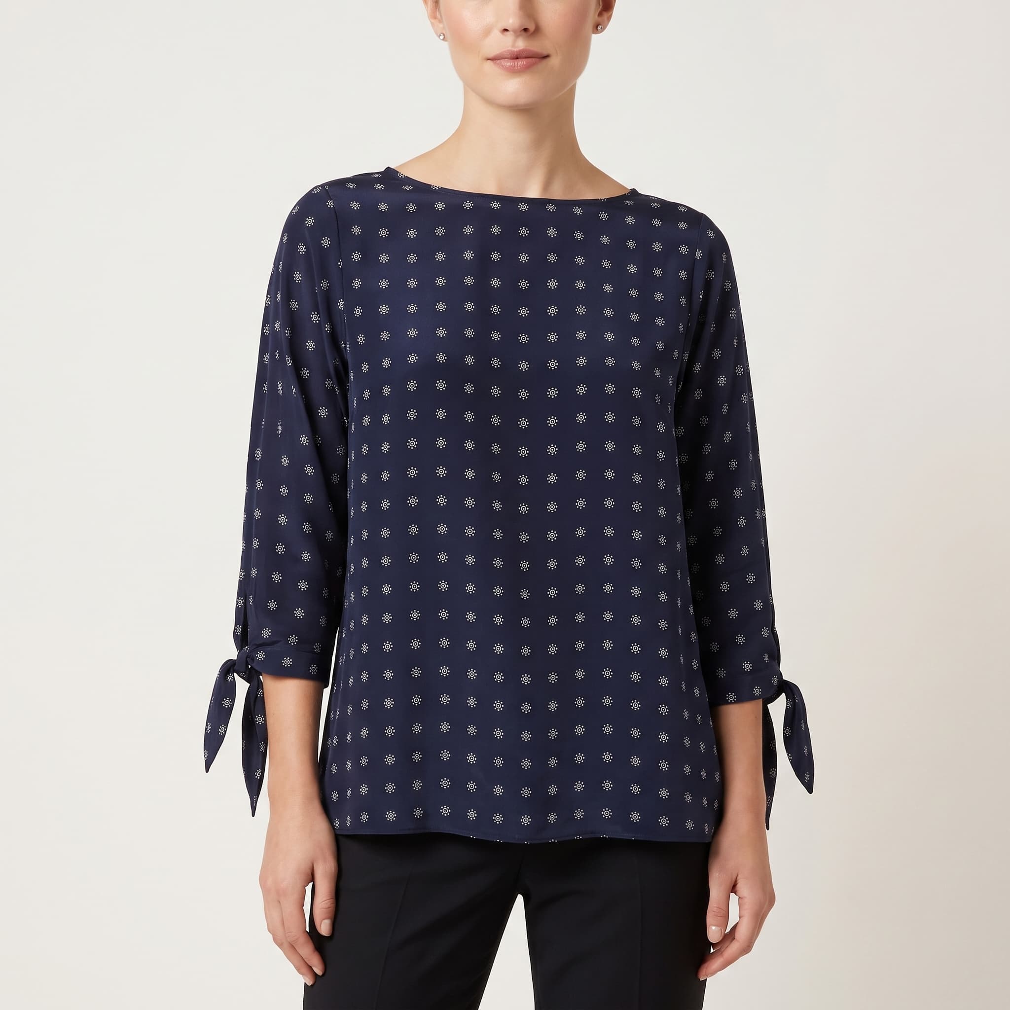 Weekend Max Mara Navy Blue Motif Print Crepe Silk Blouse L