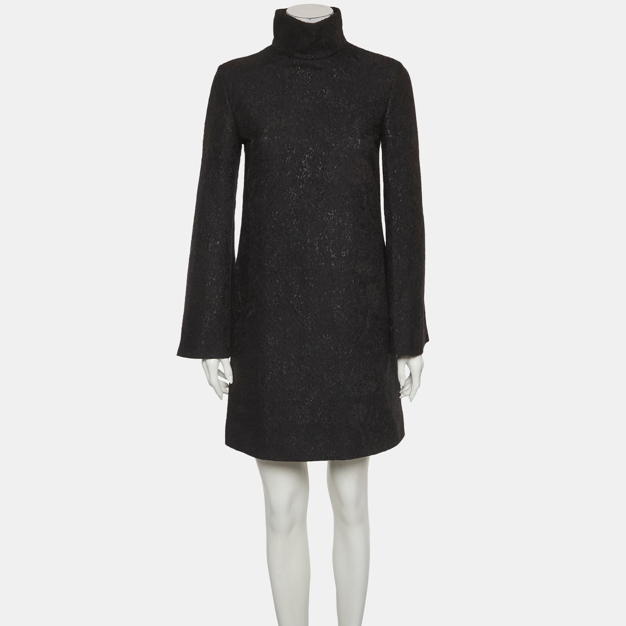 Yves Saint Laurent Black Tweed Mock Neck Mini Dress M