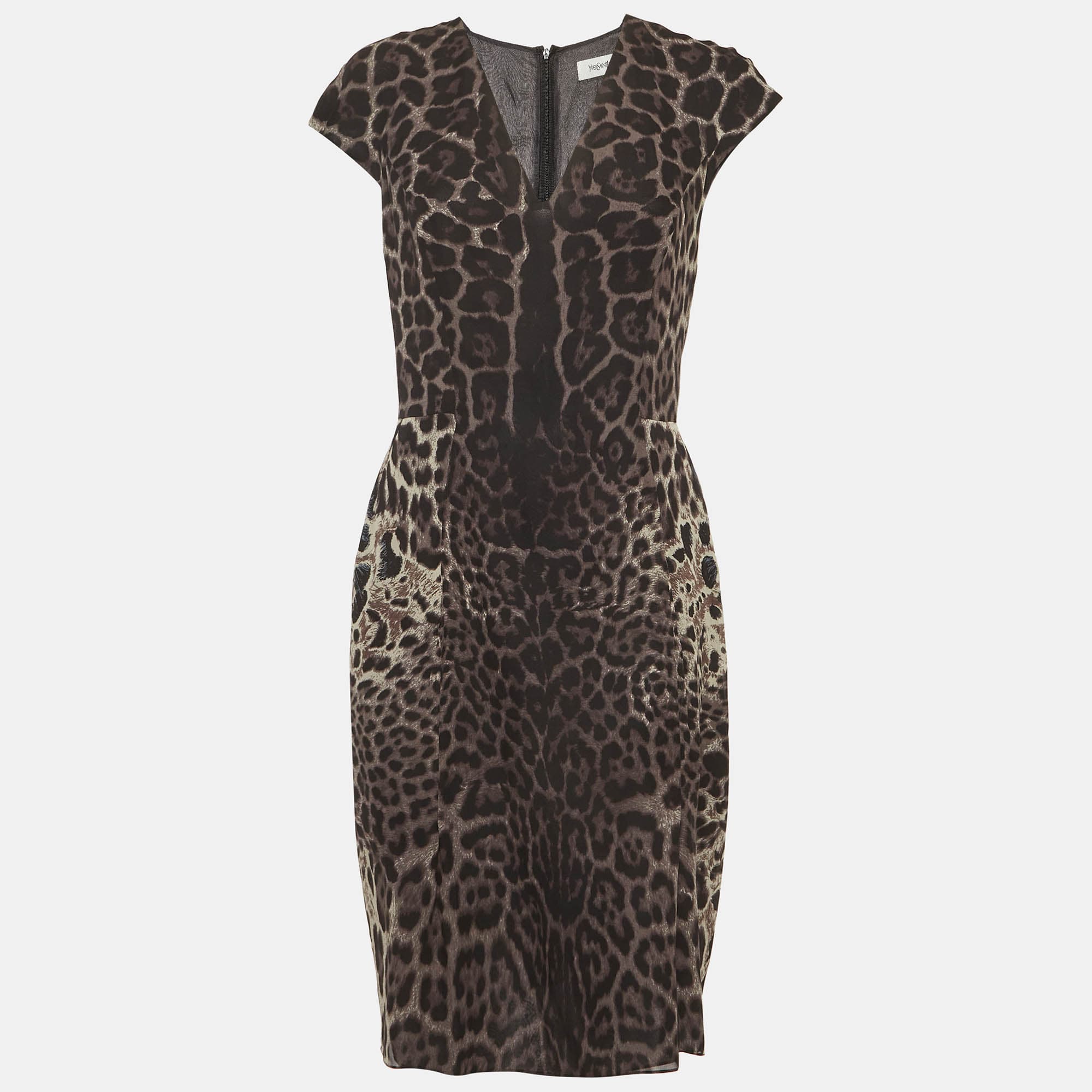 Yves Saint Laurent Grey Animal Print Silk Short Dress M