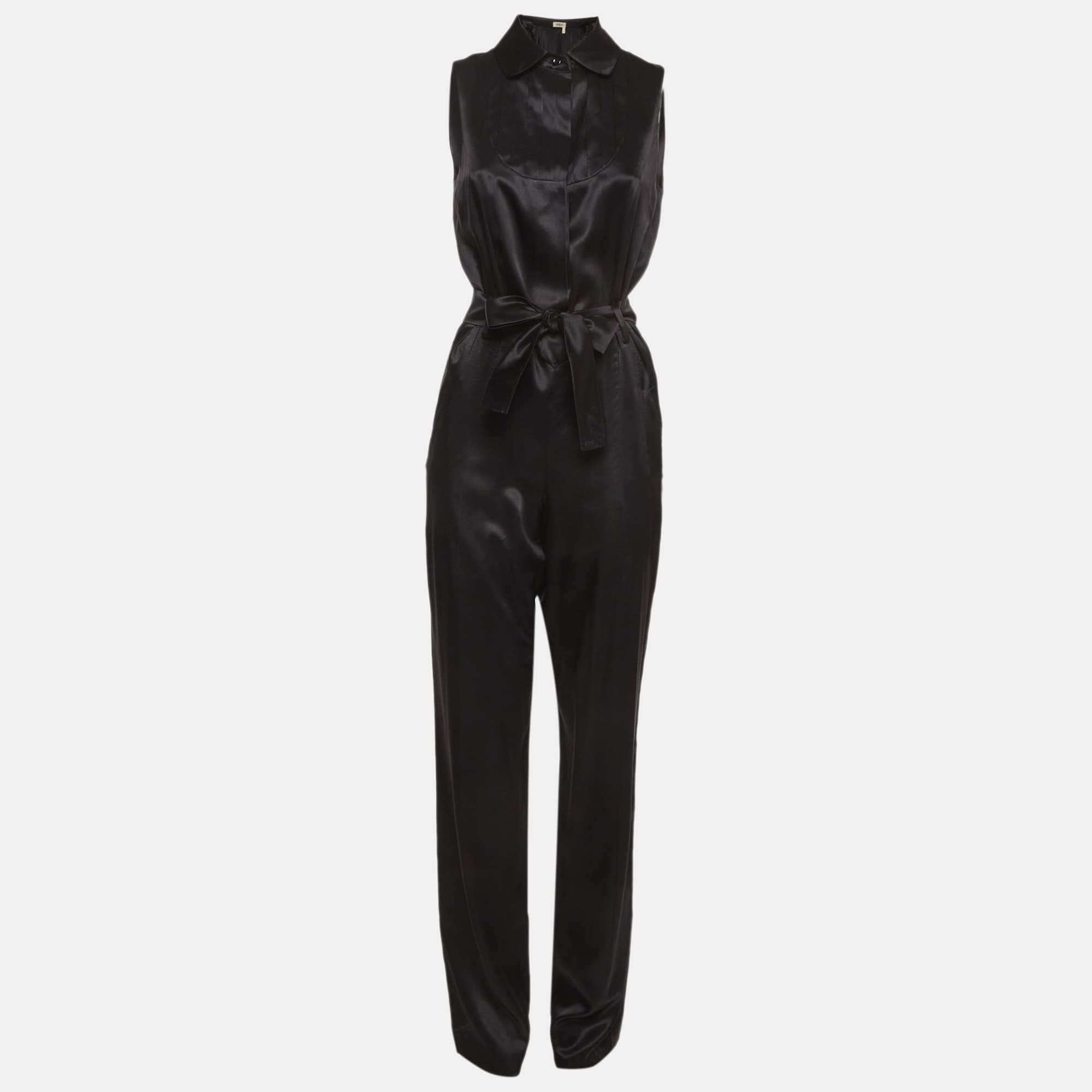 Edition 24 Yves Saint Laurent Black Satin Belted Sleeveless Jumpsuit S