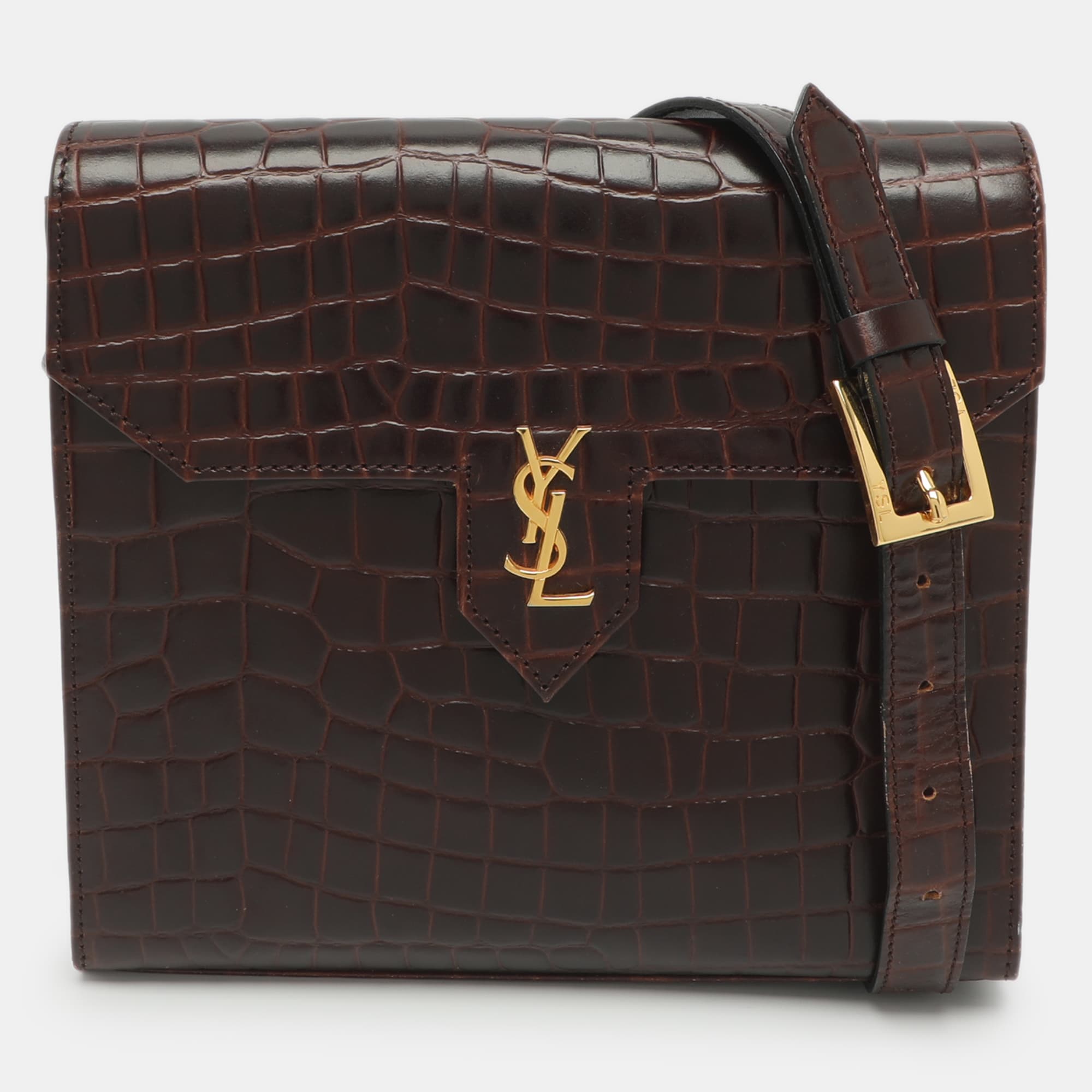 Yves Saint Laurent Vintage Burgundy Croc Embossed Leather Shoulder Bag