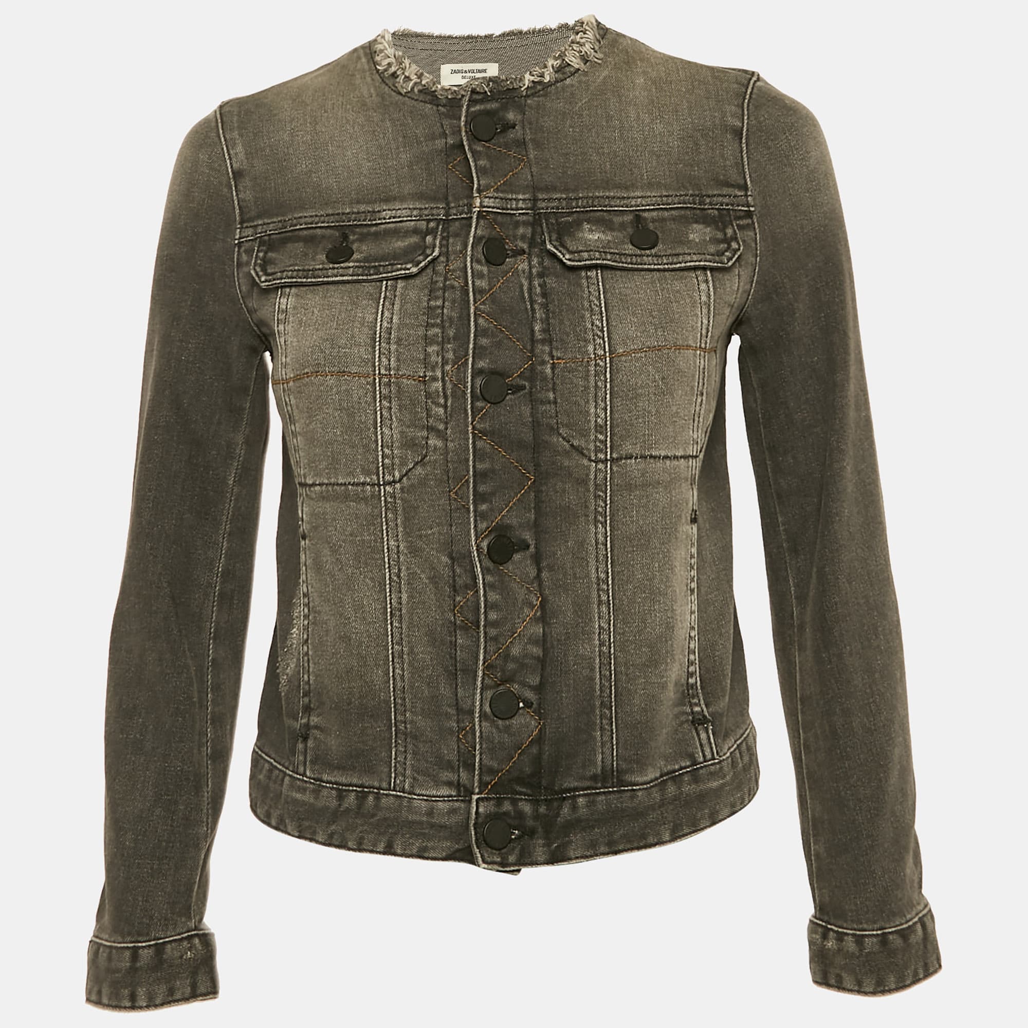 Zadig & Voltaire Grey Distressed Denim Embroidered Kiok Gris Brode Jacket XS