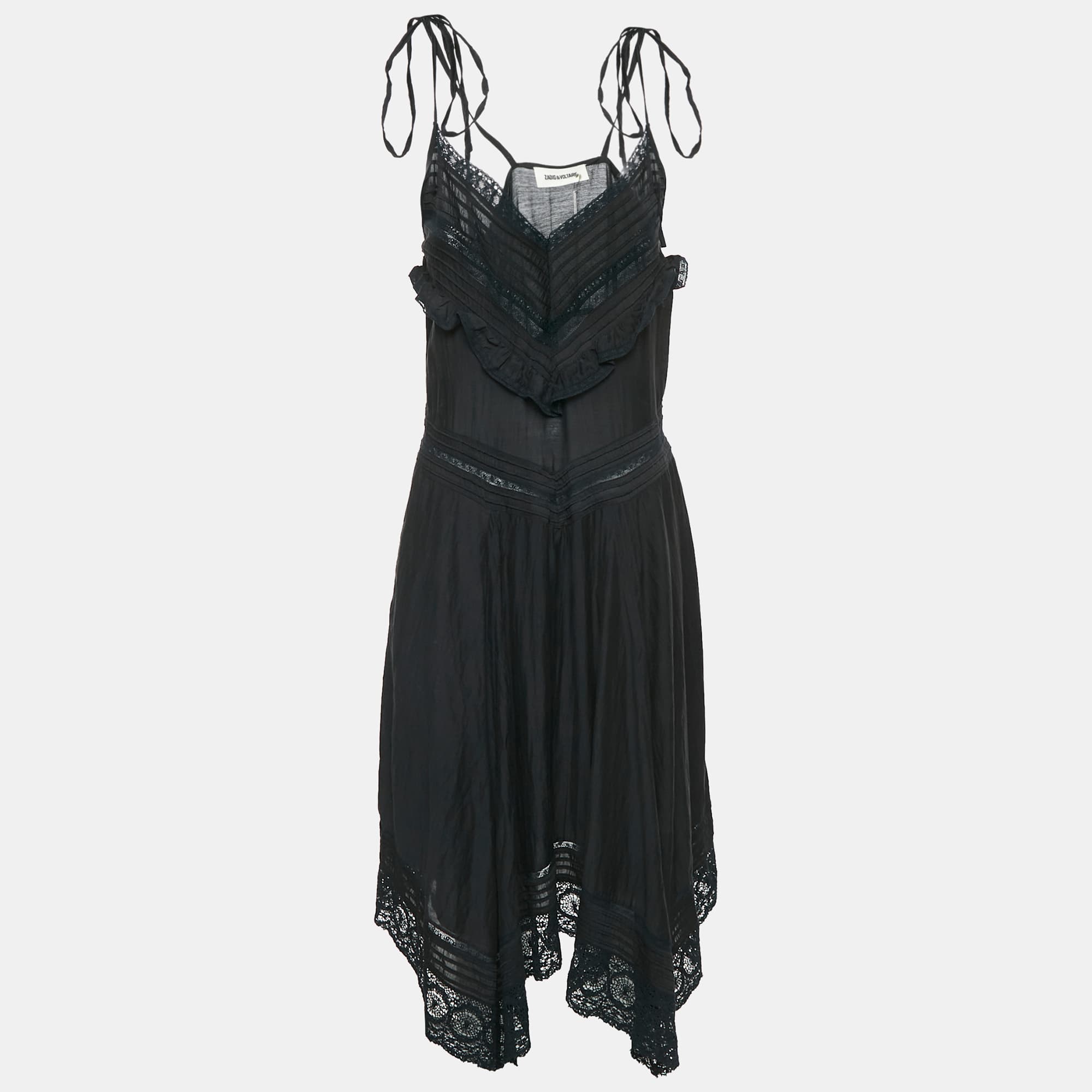 Zadig & Voltaire Black Lace Trim Rilli Cotton Asymmetric Midi Dress M