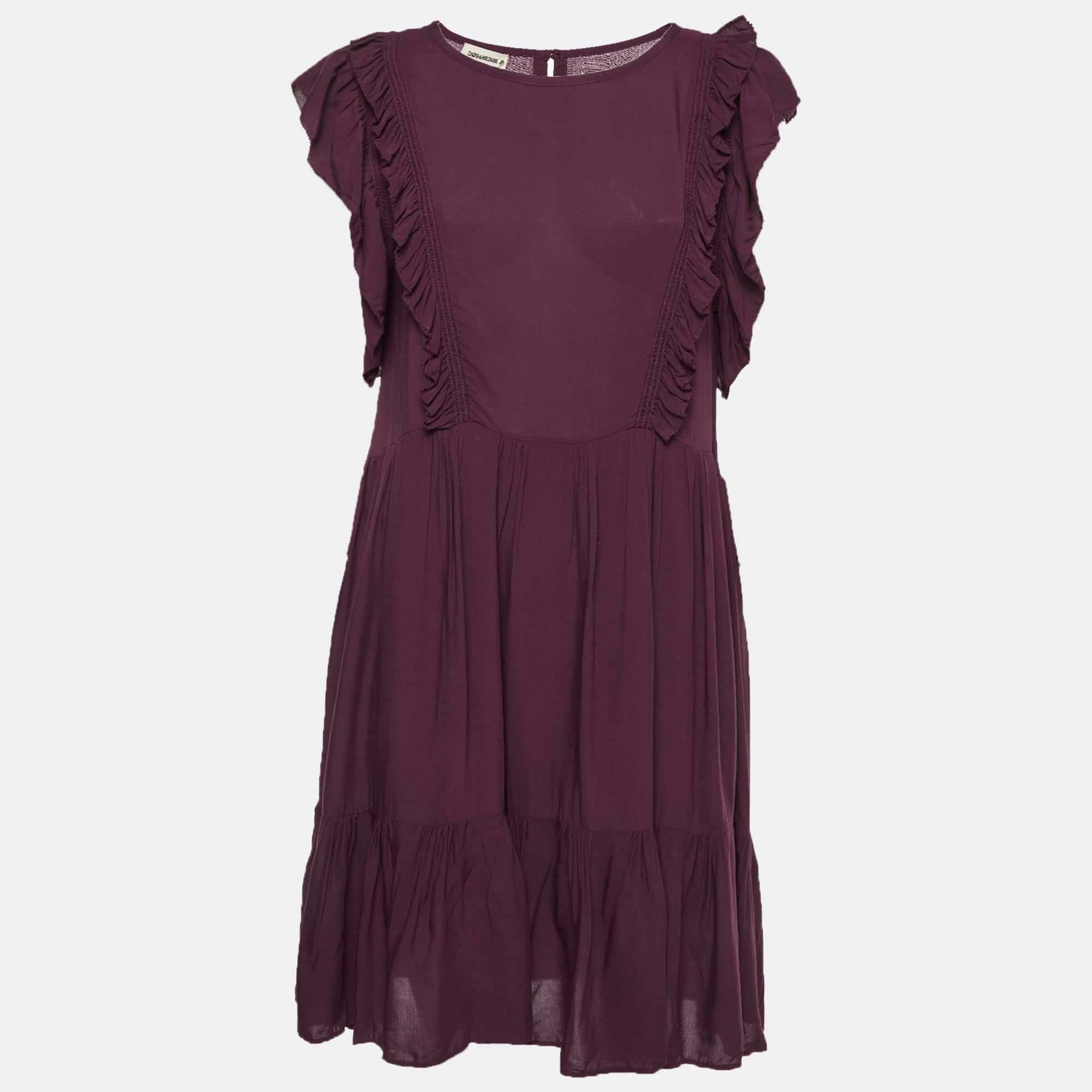 Zadig & Voltaire Burgundy Crepe Tiered Ruffled Rousseau Dress S