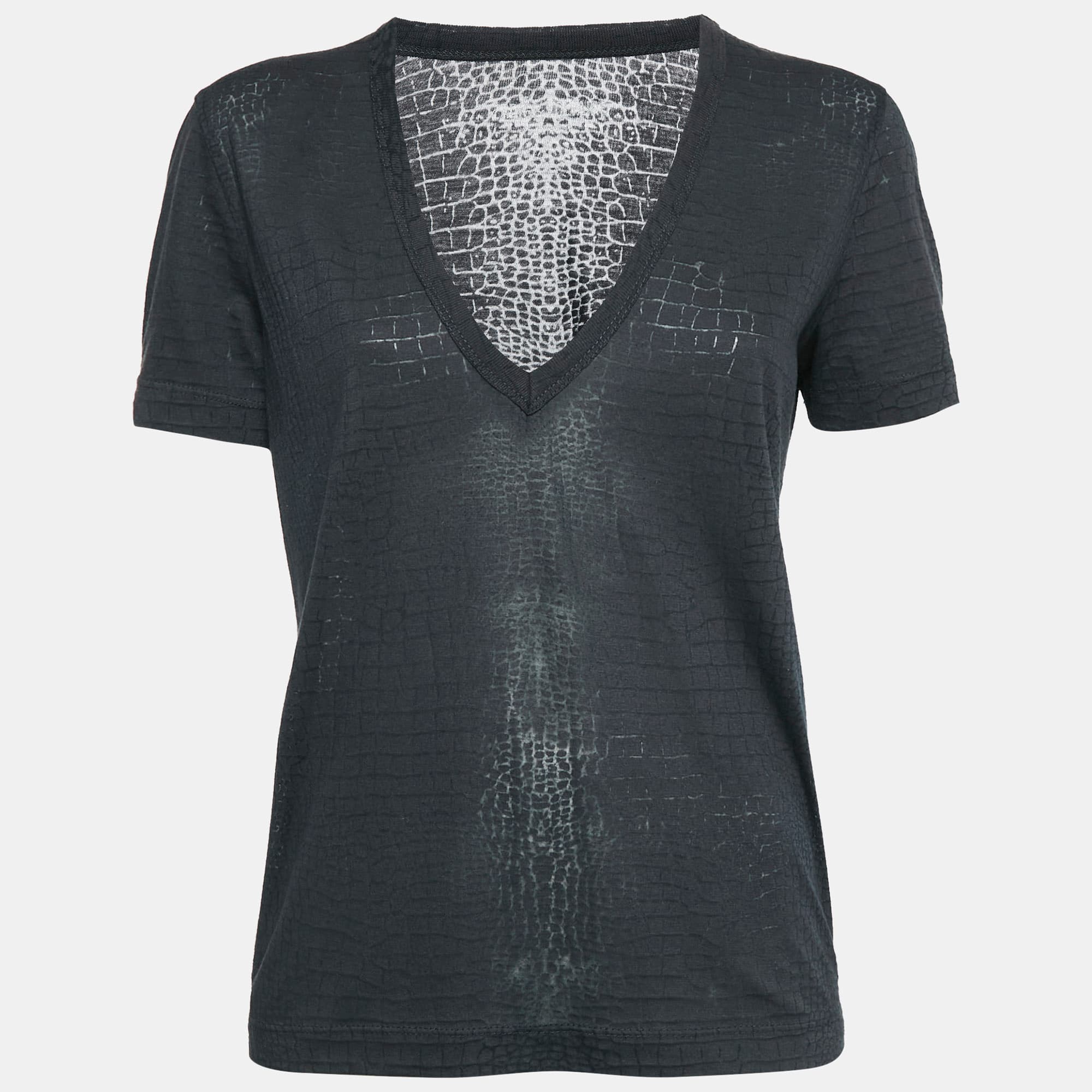 Zadig & Voltaire Dark Grey Reptile Print Knit V-Neck Top S