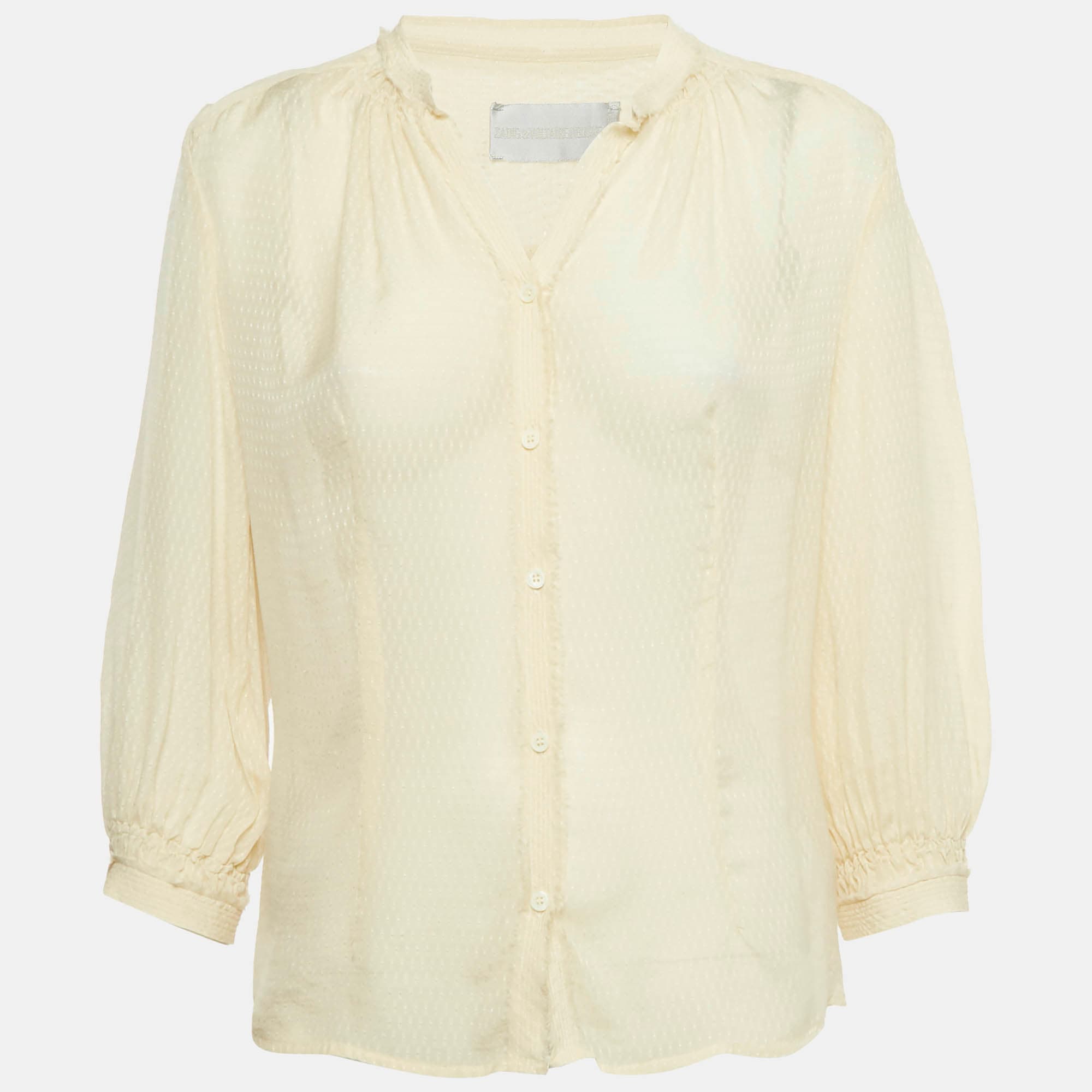 Zadig & Voltaire Deluxe Cream Patterned Silk Tack Dob Blouse S