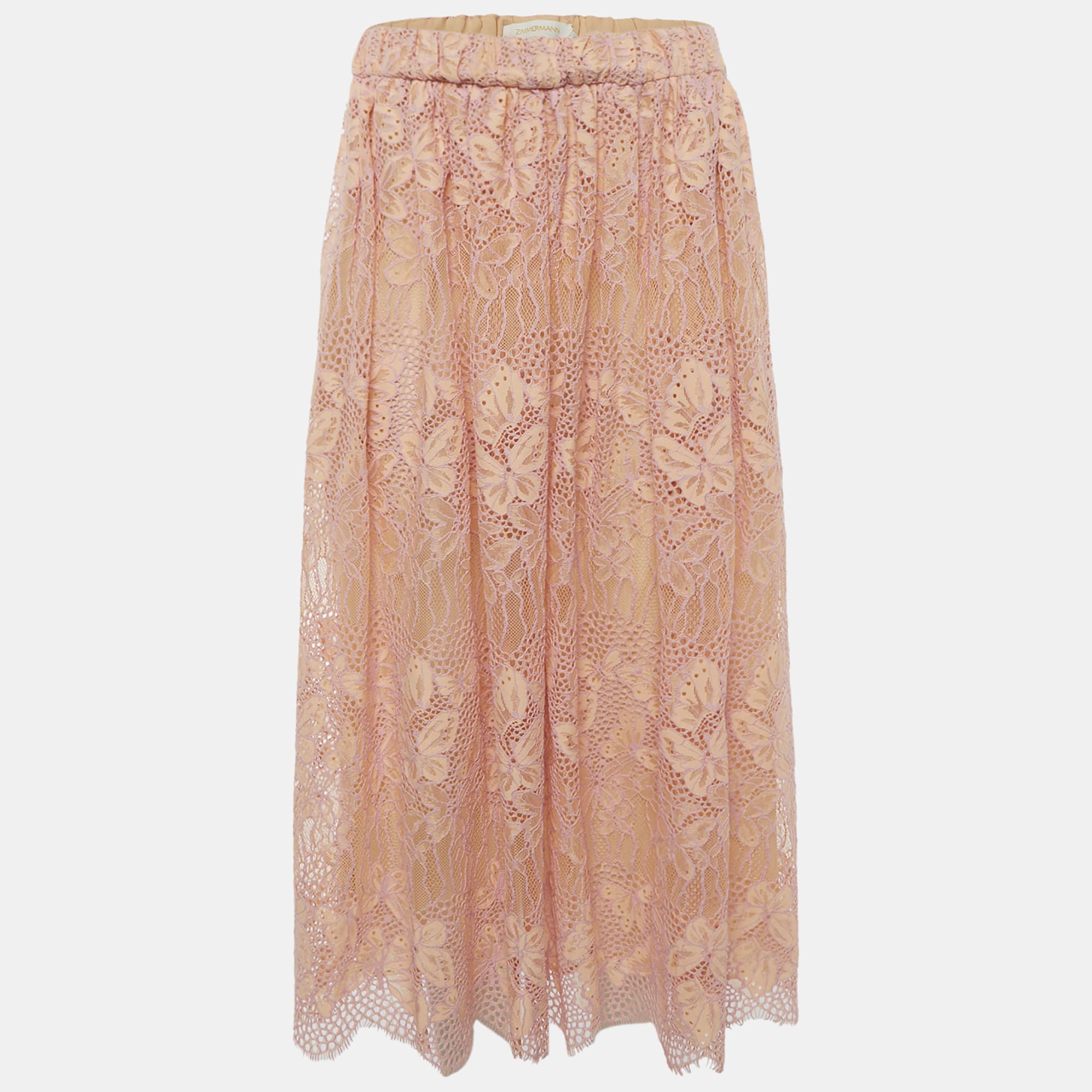 Zimmermann Pink Guipure Lace Harmony Midi Skirt S