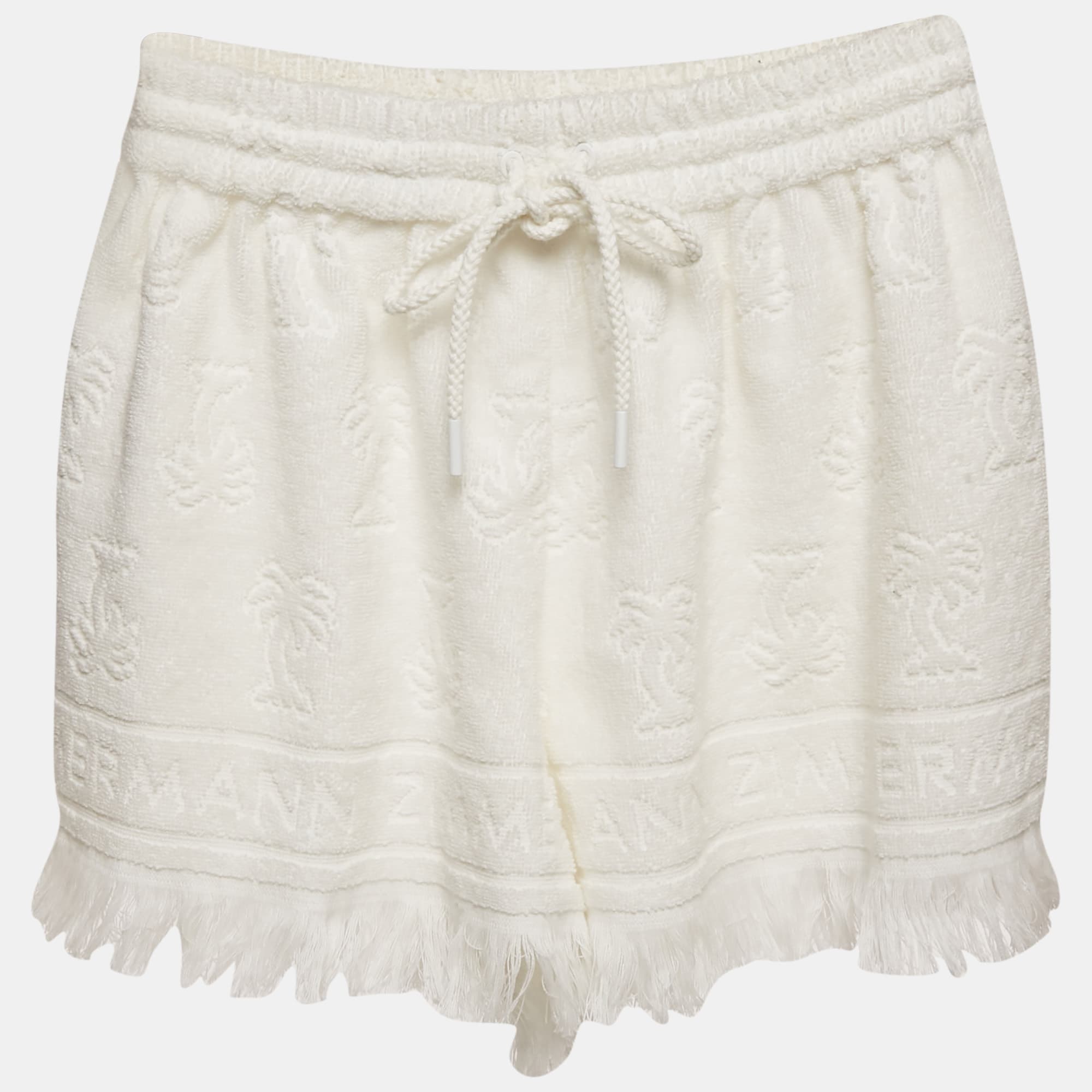Zimmermann White White Palm Tree Terry Cotton Fringed Shorts M