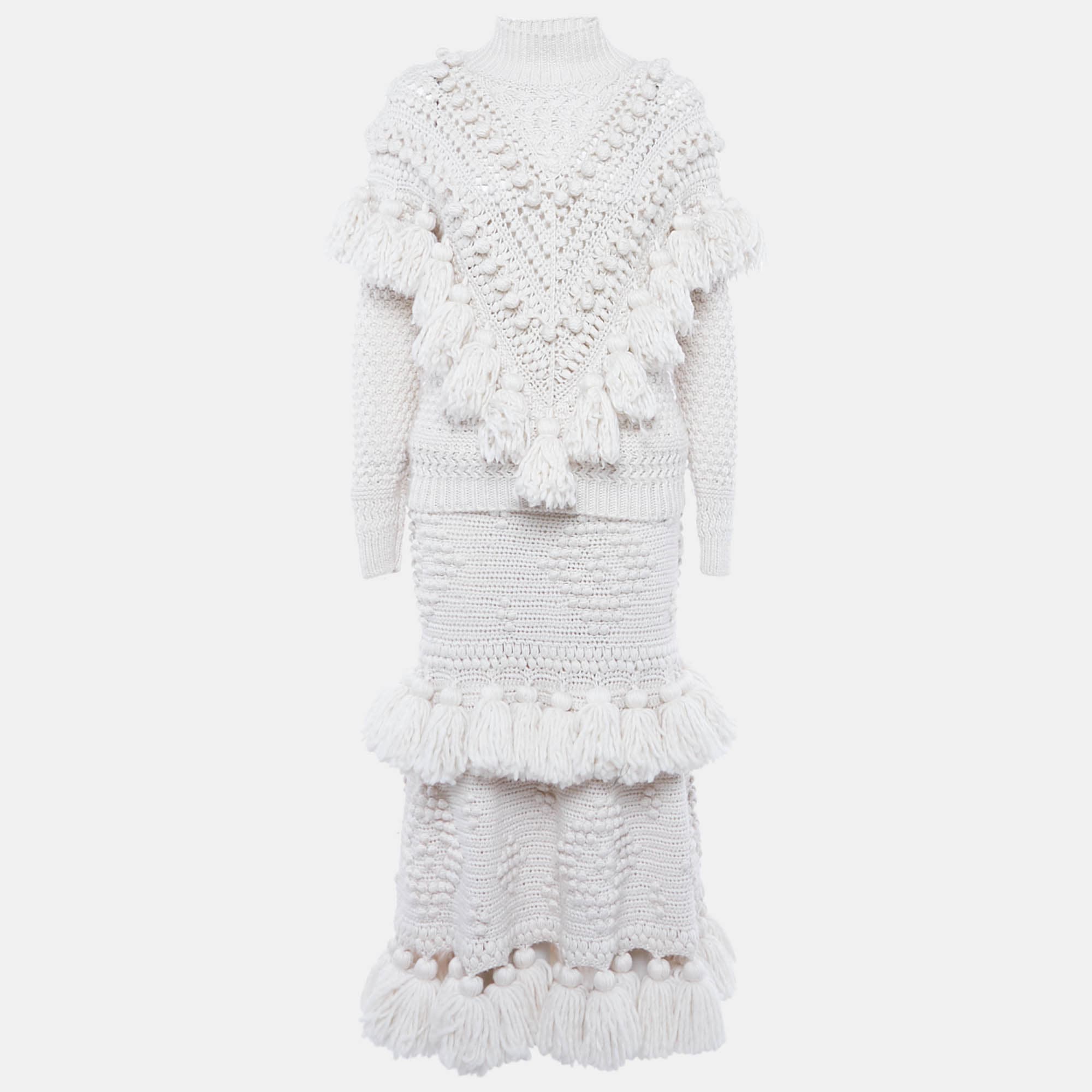 Zimmermann Ecru Crochet Wool kaleidoscope Jumper & Skirt Set XS/S