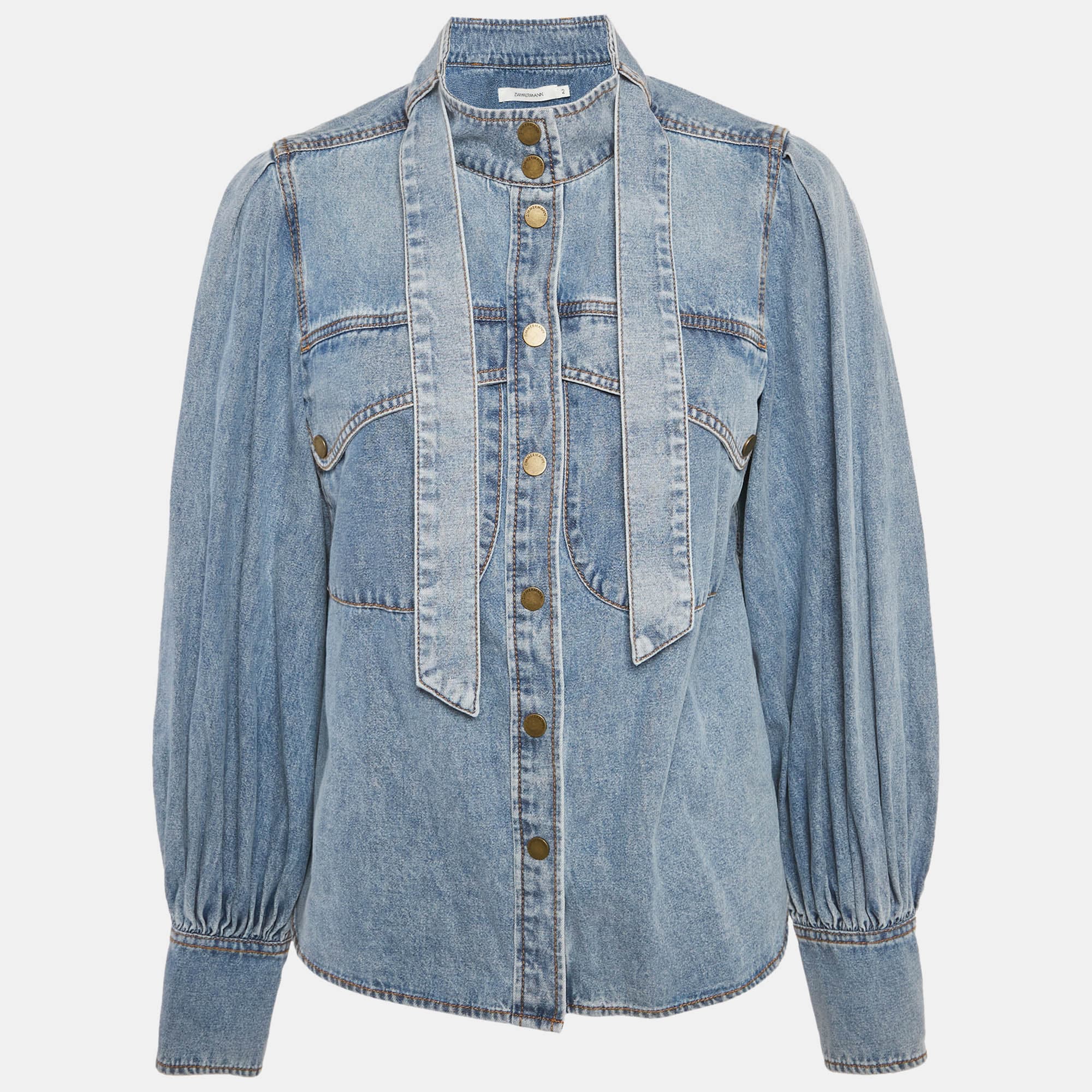 Zimmermann Blue Denim Neck Tie-Up Blouse M