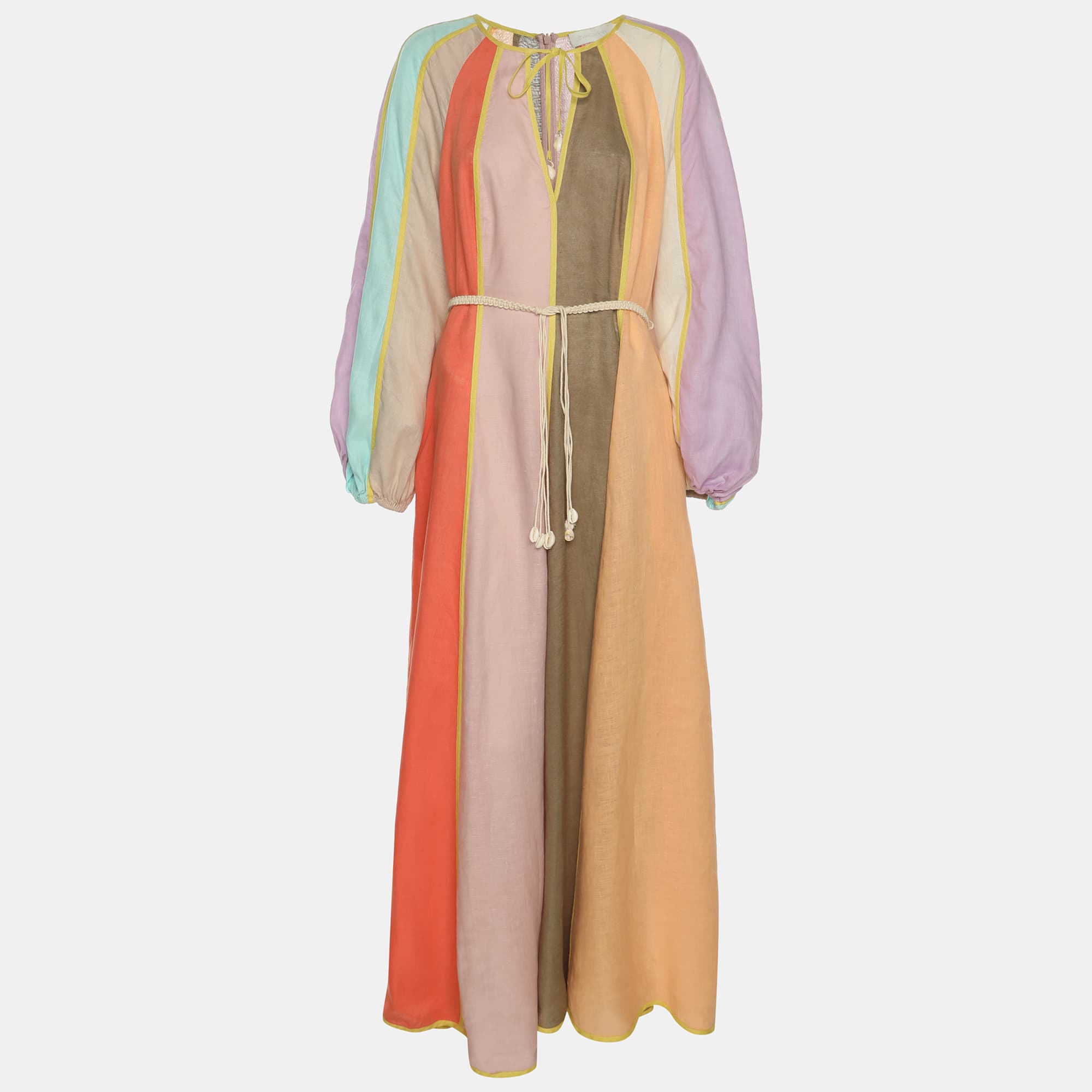 Zimmermann Multicolor Paneled Linen Belted Lola Maxi Dress L