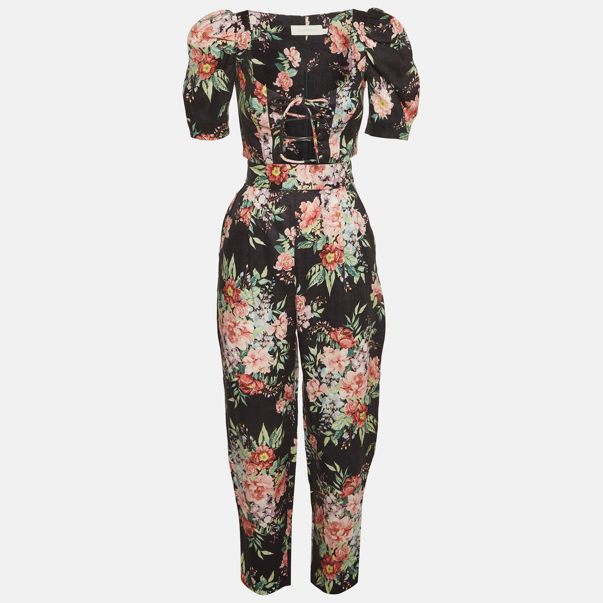 Zimmermann Black Floral Print Linen Top and Pants Set XS/S