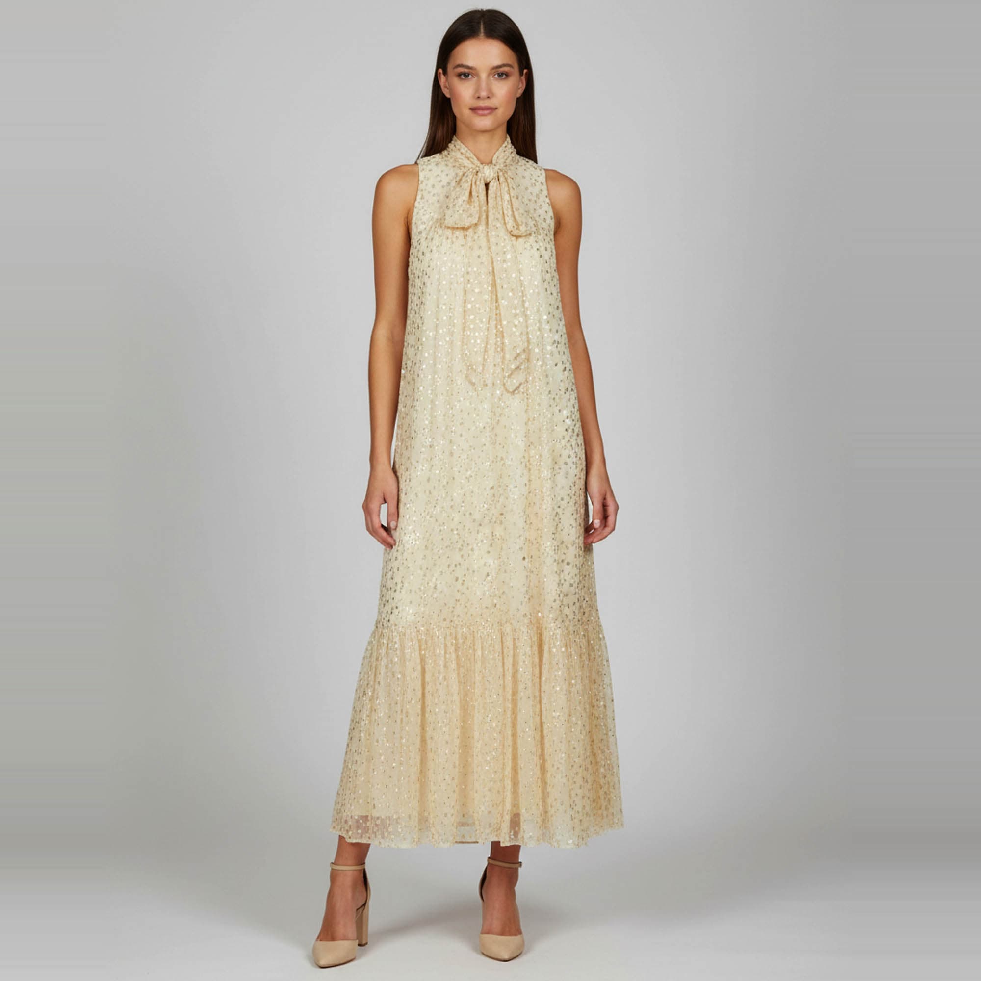 Zimmermann Beige Chiffon Fil Coupe High Neck Maxi Dress M