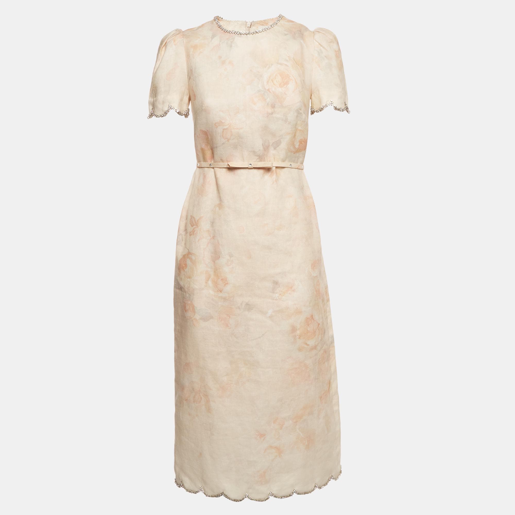 Zimmermann Pink Rose Print Linen Crystal Embellished Midi Dress XS