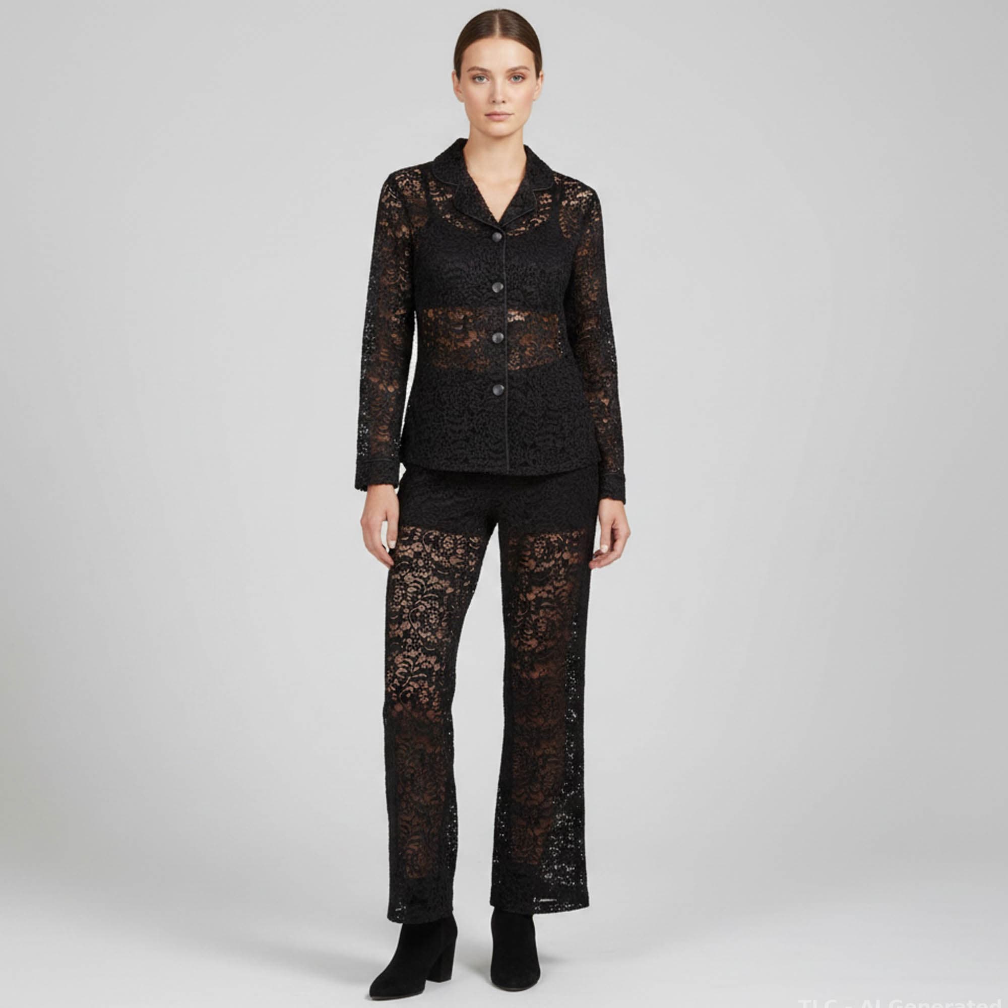 Zoe by Sisters Black Floral Lace Giselle Shirt and Pants Set S/M