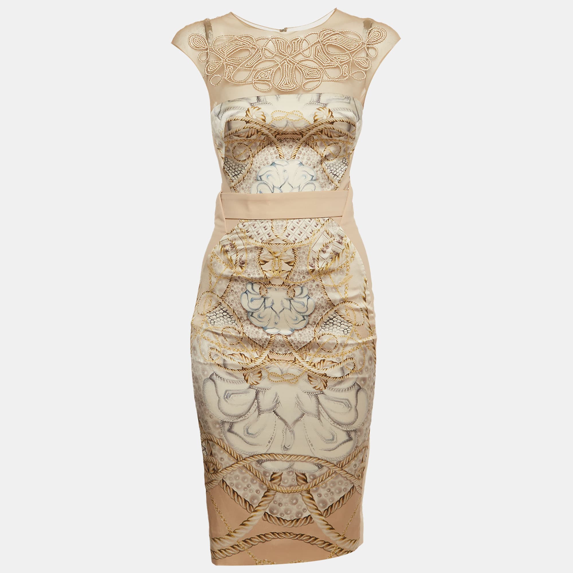 Zuhair Murad Beige Baroque Print Satin and Crepe Knee Length Dress XS