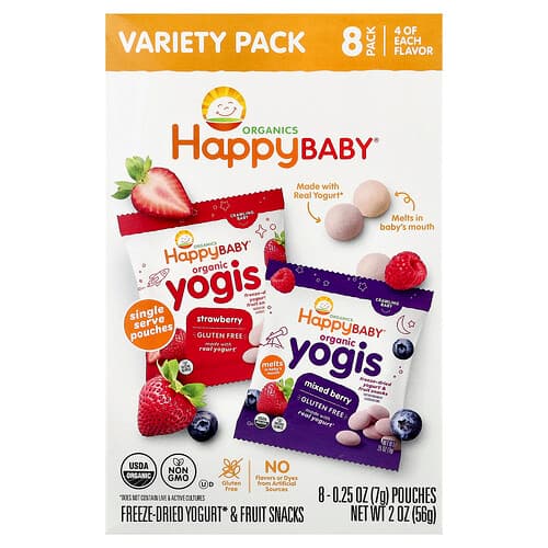 Happy Family Organics Happy Baby® Organic Yogis Freeze Dried Yogurt & Fruit Snacks Crawling Baby Variety Pack 8 Pouches 0.25 oz (7 g) Each