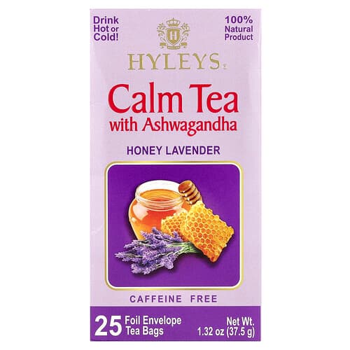 Hyleys Tea Calm Tea with Ashwagandha Honey Lavender Caffeine Free 25 Foil Envelopes Tea Bags 1.32 oz (37.5 g)