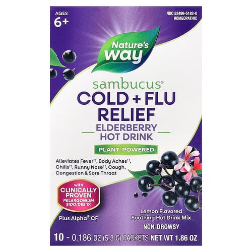 Nature's Way Sambucus® Cold + Flu Relief Elderberry Hot Drink Ages 6+ Lemon 10 Packets 0.186 oz (5.3 g) Each