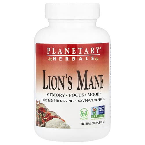 Planetary Herbals Lion's Mane 60 Vegan Capsules (500 mg per Capsule)