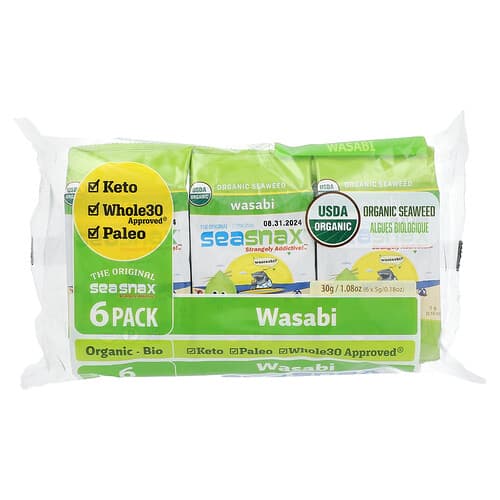 SeaSnax Organic Seaweed Wasabi 6 Pack 0.18 oz (5 g) Each