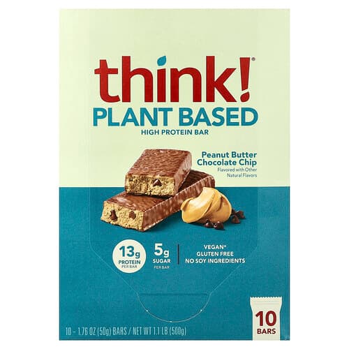 Think ! Plant Based High Protein Bars Peanut Butter Chocolate Chip 10 Bars 1.76 oz (50 g) Each