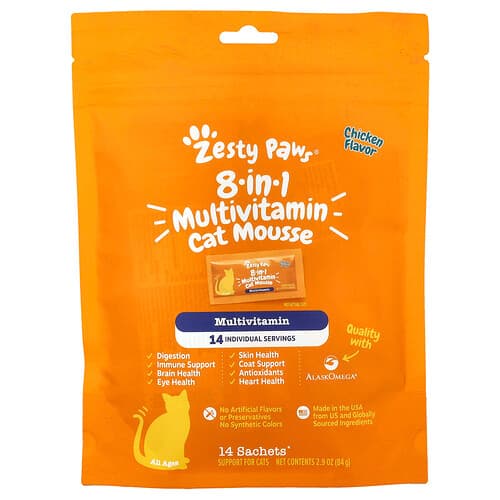 Zesty Paws 8-in-1 Multivitamin Cat Mousse All Ages Chicken 14 Sachets 0.2 oz (6 g) Each